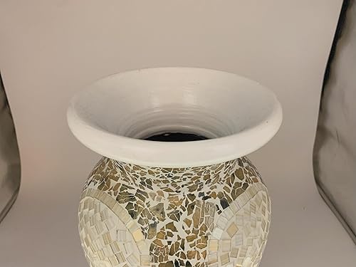 Miniatura 5 de Jarrón de mosaico de 18 pulgadas, cilindro alto hecho de terracota con piezas de mosaico de vidrio blanco y caramelo claro - Pieza decorativa hecha