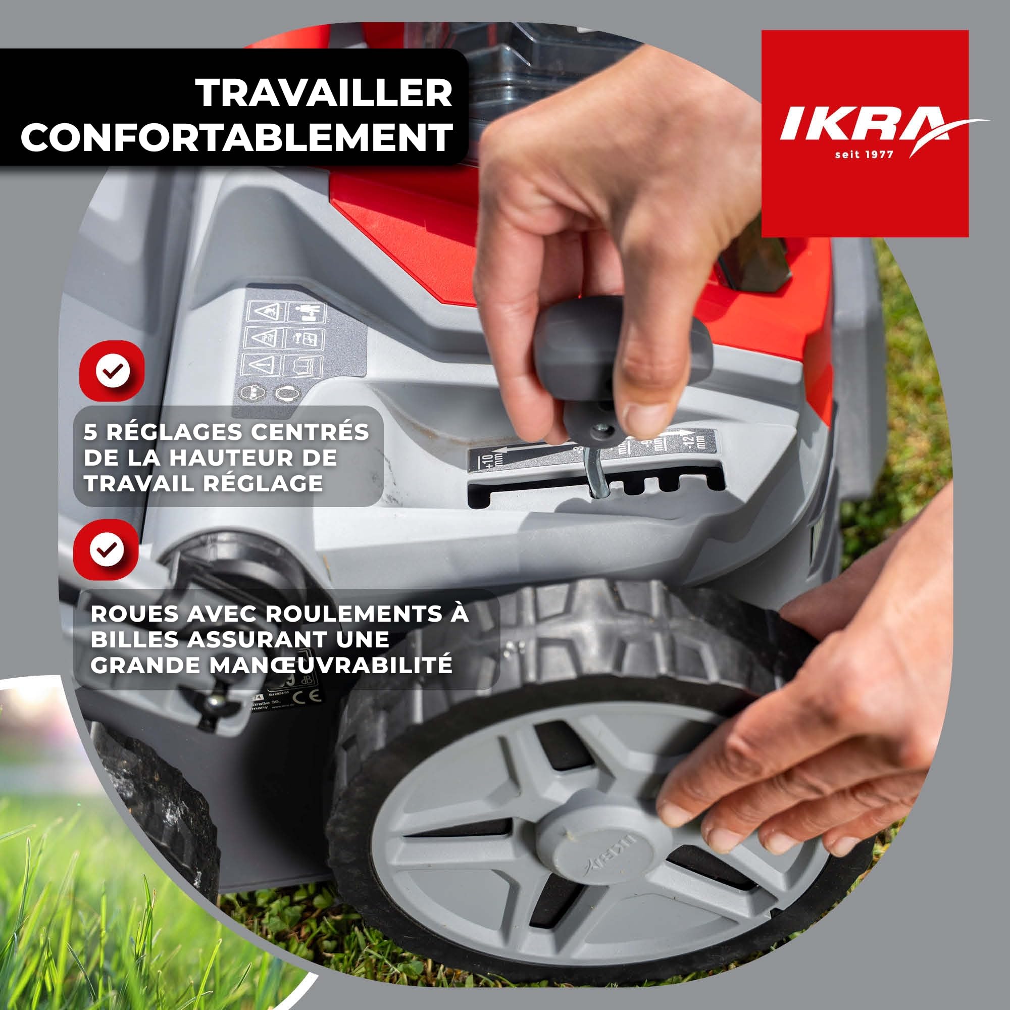 IKRA scarificateur-aérateur IB-SR 36, sans batterie 36 V ni chargeur | Compatible avec Bosch, bac de ramassage 45 l, largeur 36 cm, hauteur de coupe de -12 à +10 mm, poignée réglable en hauteur