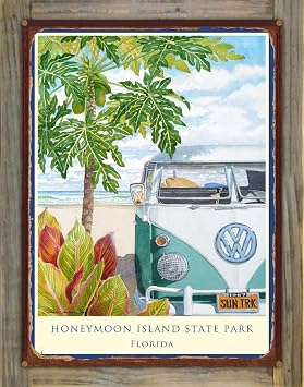 Northwest Art Mall Honeymoon Island State Park Florida Sun Truck Hula Rustic Metal Print on Reclaimed Barn Wood from Watercolor by Artist Evelyn Jenkins Drew 17" x 23"