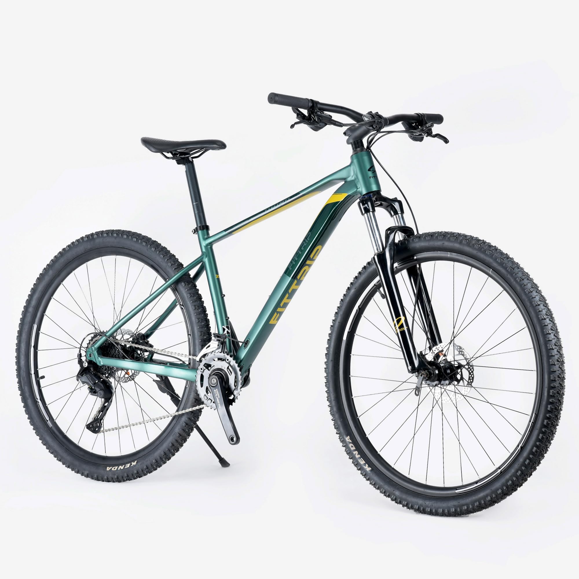FitTrip Niner 29T Mountain Bicycle with Shimano CUES 2x9 Speed Drivetrain, Shimano MT201 Hydraulic Disc Brakes, SR Suntour XCM Suspension Fork with Lockout, Alloy Frame, Adult Bike (Green-Yellow)-image-7