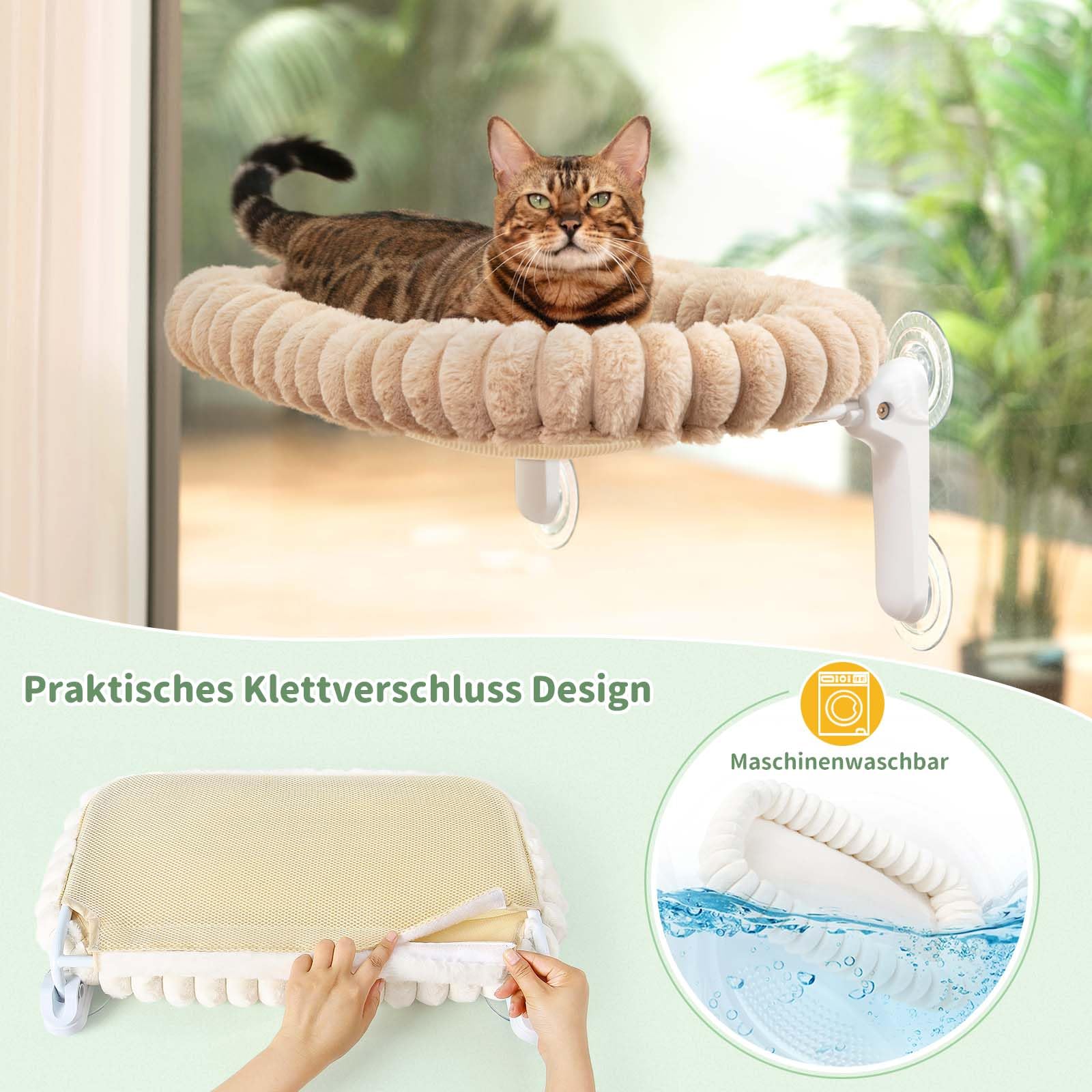 GUUSII HOME Katzen Fensterliege Faltbar Katzenbett Fenster Katzenliege Fensterbank Hängematte Saugnäpfen Fensterbrettauflage Fensterscheibe Maschinenwaschbar Weicher Plüsch 54*30cm (Helles Kamel, M)