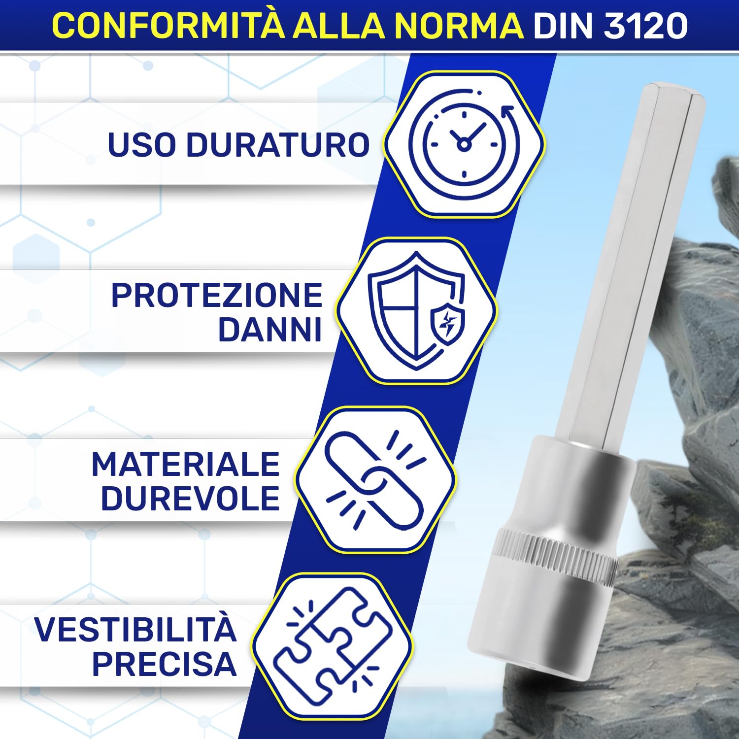Chiave a Bussola con Inserto Esagonale 7 mm x 100 mm per Aree Difficilida - Chiavi Bussola 1/2" - Realizzata in Acciaio Cromo Vanadio - MONTERAL