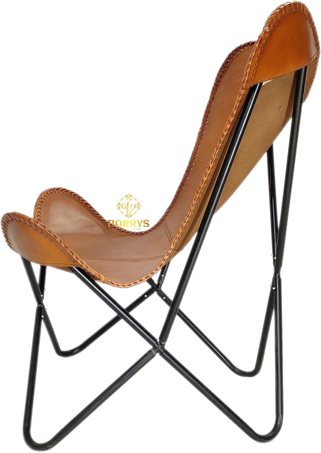 Vintage Brown Leather Living Room Chairs - Handmade Tan Leather Butterfly Chairs for Adults with Powder Coated Folding Iron Frame