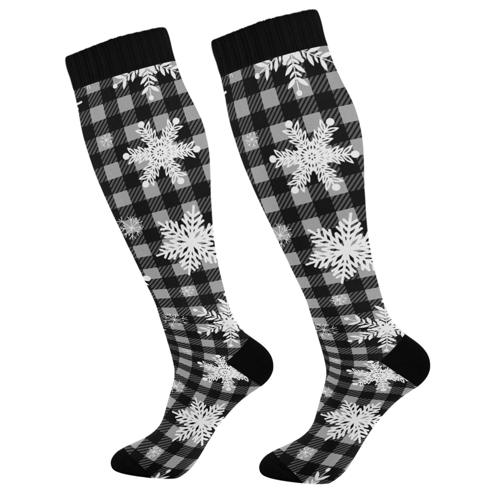 1 Pair Unisex Compression Crew Knee Soft Circulation Socks High Sock Long Athletic for Running,Travel,Cycling Print White Snowflakes Seamless On Black White Checker Plaid