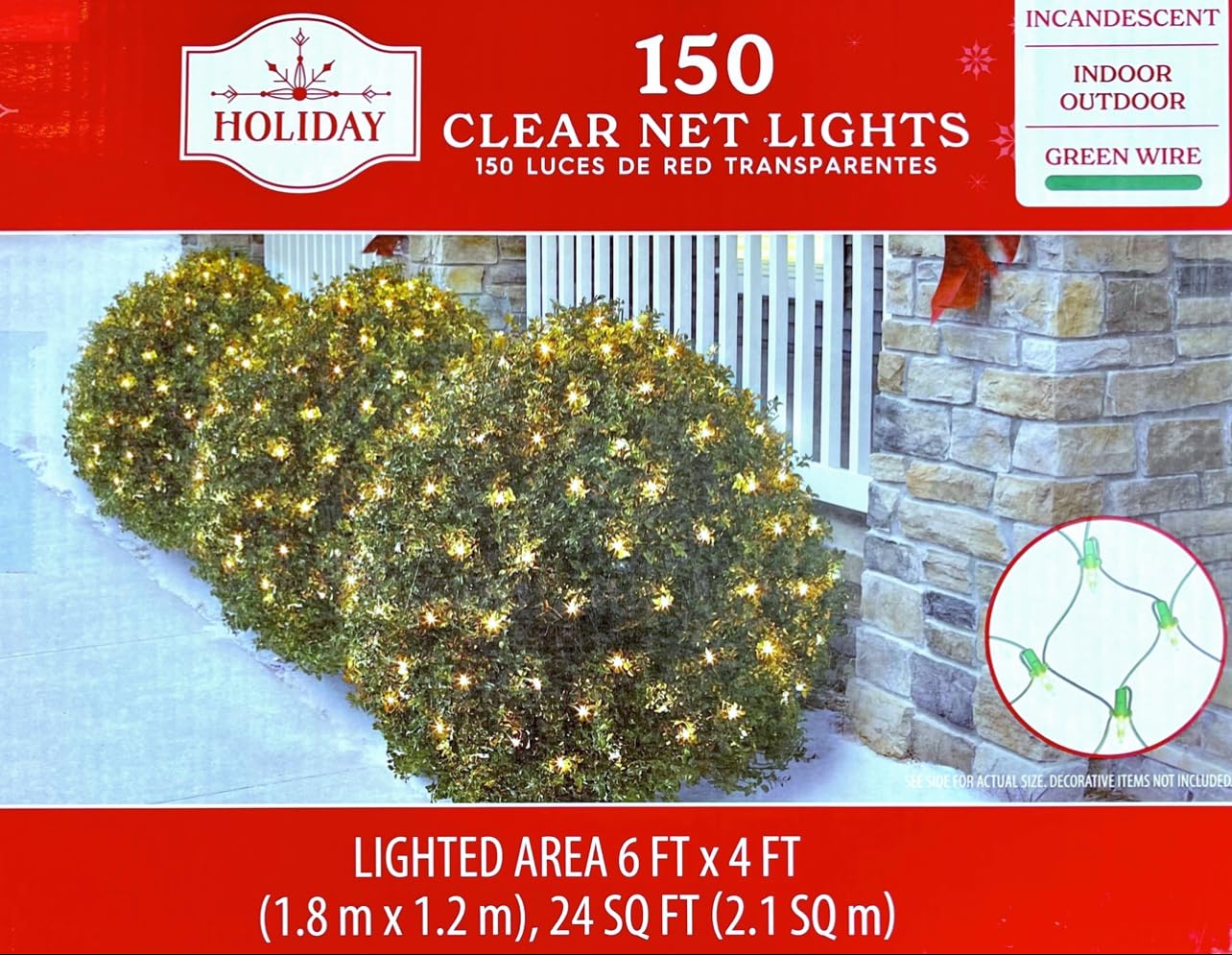 150 Clear Net Lights, 6Ft x 4Ft Warm White Lights with Green Wire for Indoor and Outdoor Use
