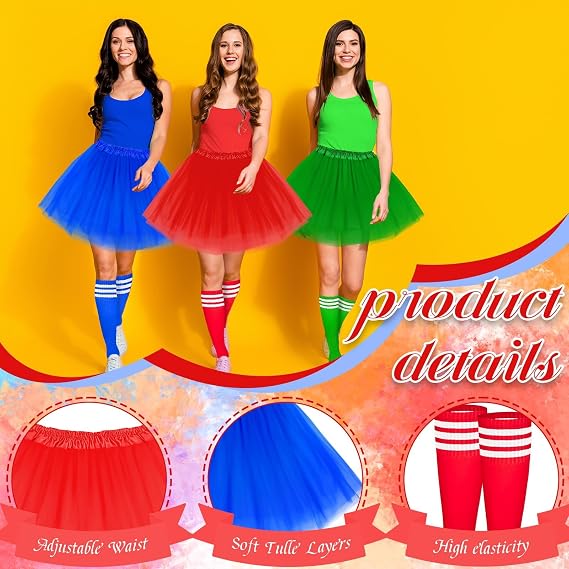 6 Pcs Halloween Costume Set Tutu Skirts Striped Knee Socks for Adult Women
