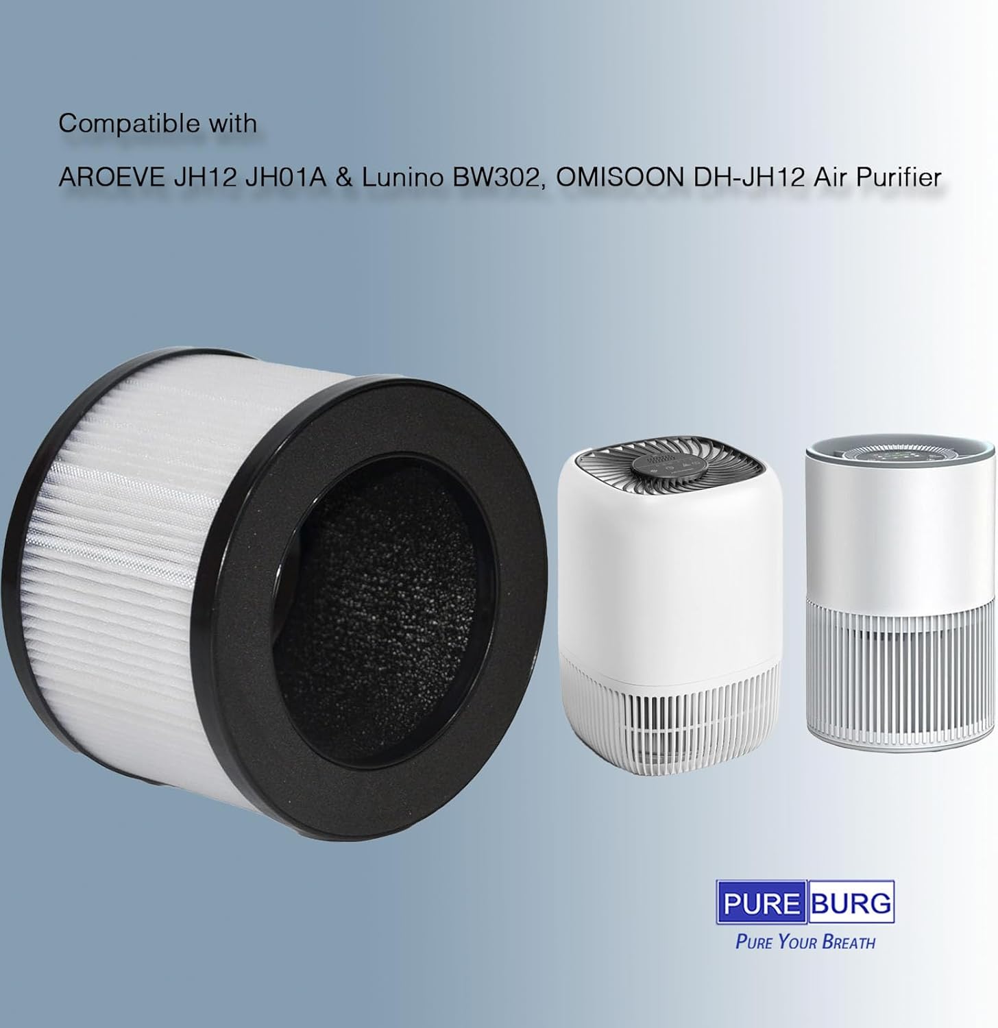 PUREBURG Replacement Filter Compatible with Lunino BW302 Air Purifier, 2-Pack H13 HEPA Activated Carbon 3-Stage Filtration Air Clean Dust VOCs Odor - Image 2