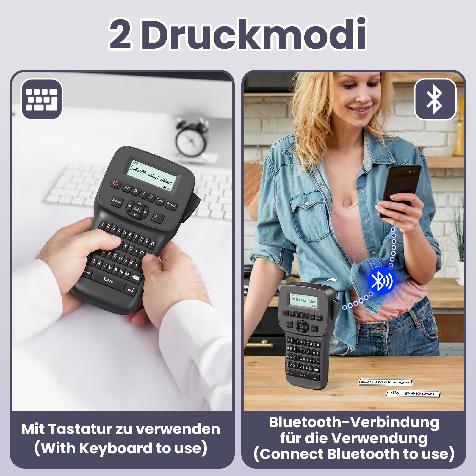Etichettatrice industriale, portatile, Bluetooth, stampante per etichette con tastiera QWERTZ, adatta per ufficio, casa e officina, LM1600