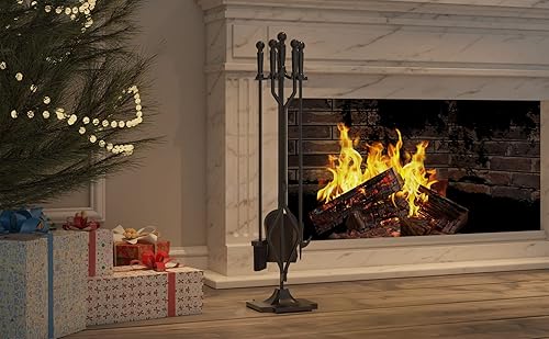 Miniatura 6 de Juego de herramientas de chimenea de hierro forjado negro, 5 piezas, para estufa de leña, pinzas de tronco, accesorios de chimenea de alta