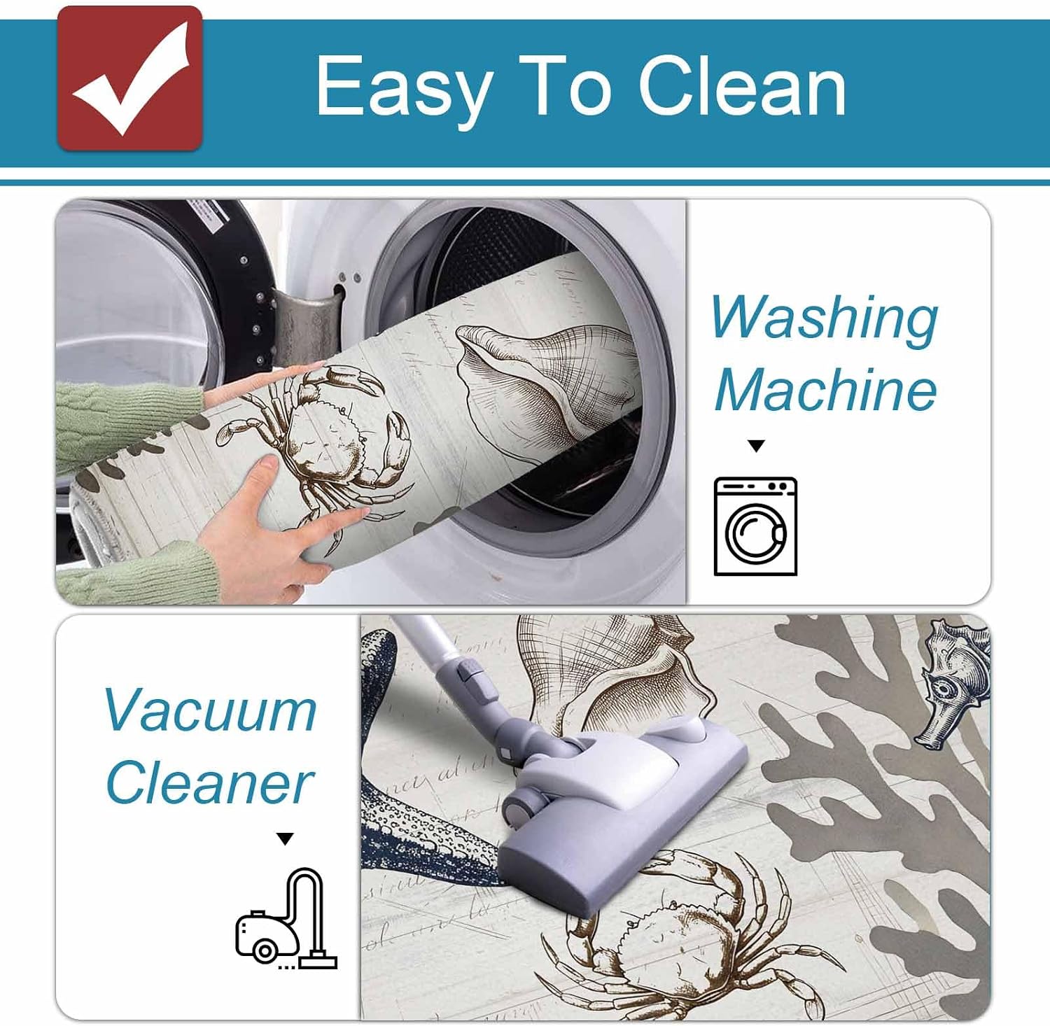 Vintage Starfish Kitchen Mat Set 2 Pieces Conch Seahorse Crab Watercolor Gray Coral Non Slip Kitchen Rugs Washable Runner Rug Mats for Floor Sink Laundry Office 15.7" x 23.6"+15.7" x 47.2"