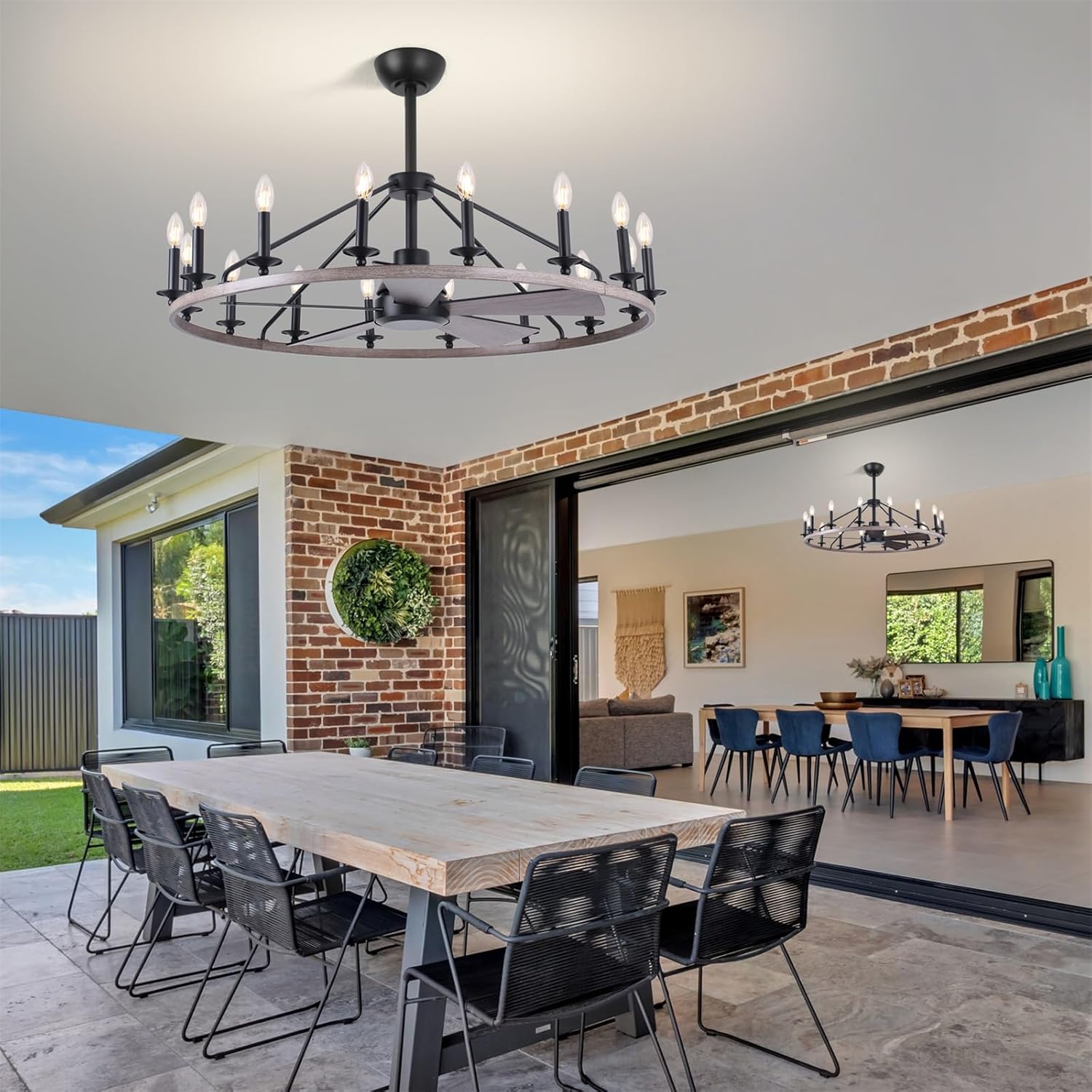 COCOSTAR 44" Wagon Wheel Chandelier with Fans, Wagon Wheel Ceiling Fan with 16-Lights and Remote, Farmhouse Chandelier for Living Room, Adjustable Height, 6-Speed Reversible Quiet Large Fandelier