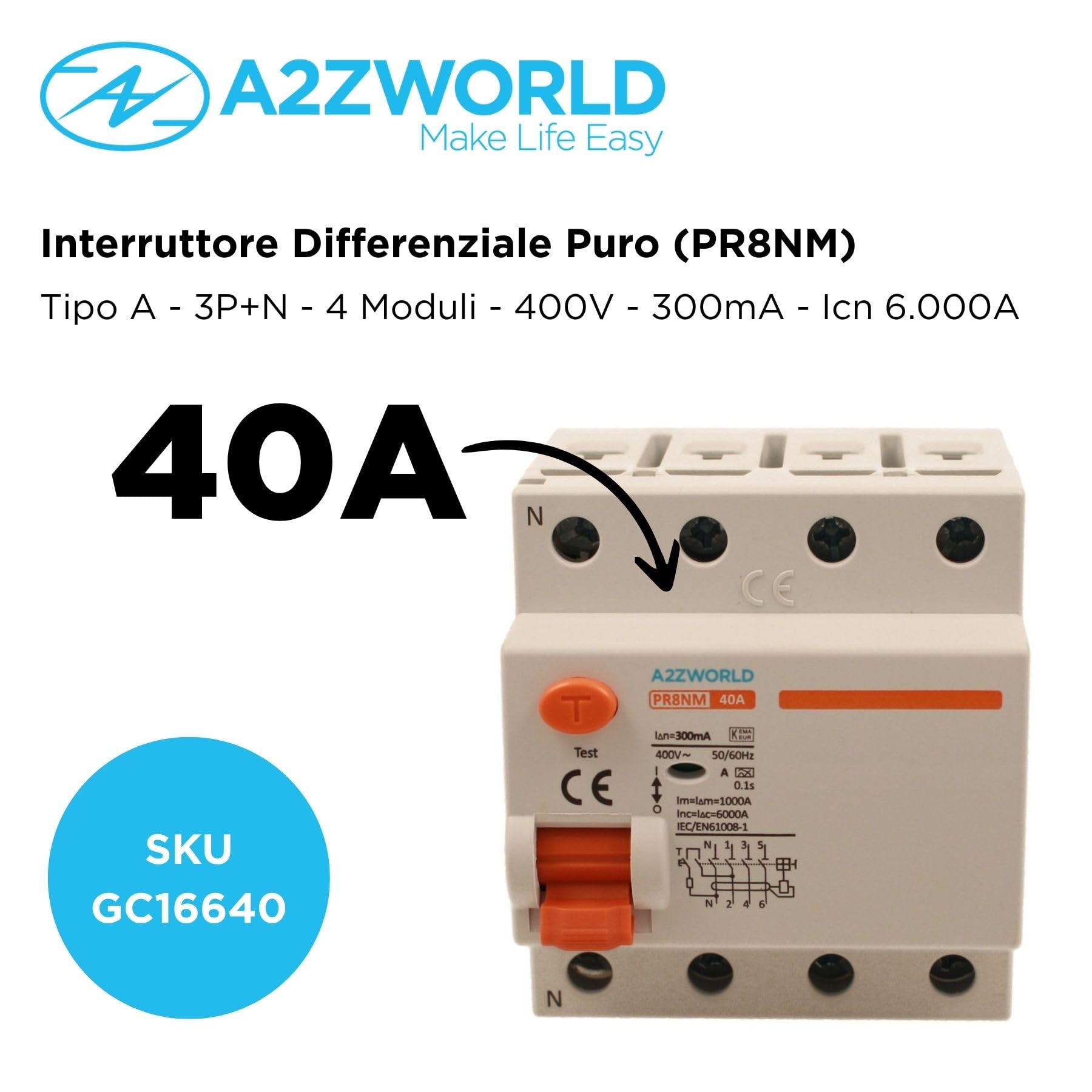 Interruttore Differenziale Puro Trifase, Salvavita 300mA Tipo A 40A, RCCB 3P+N 6kA 380V, 4 Moduli DIN, Serie PR8NM Elettromagnetica, Certificato IEC61008-1