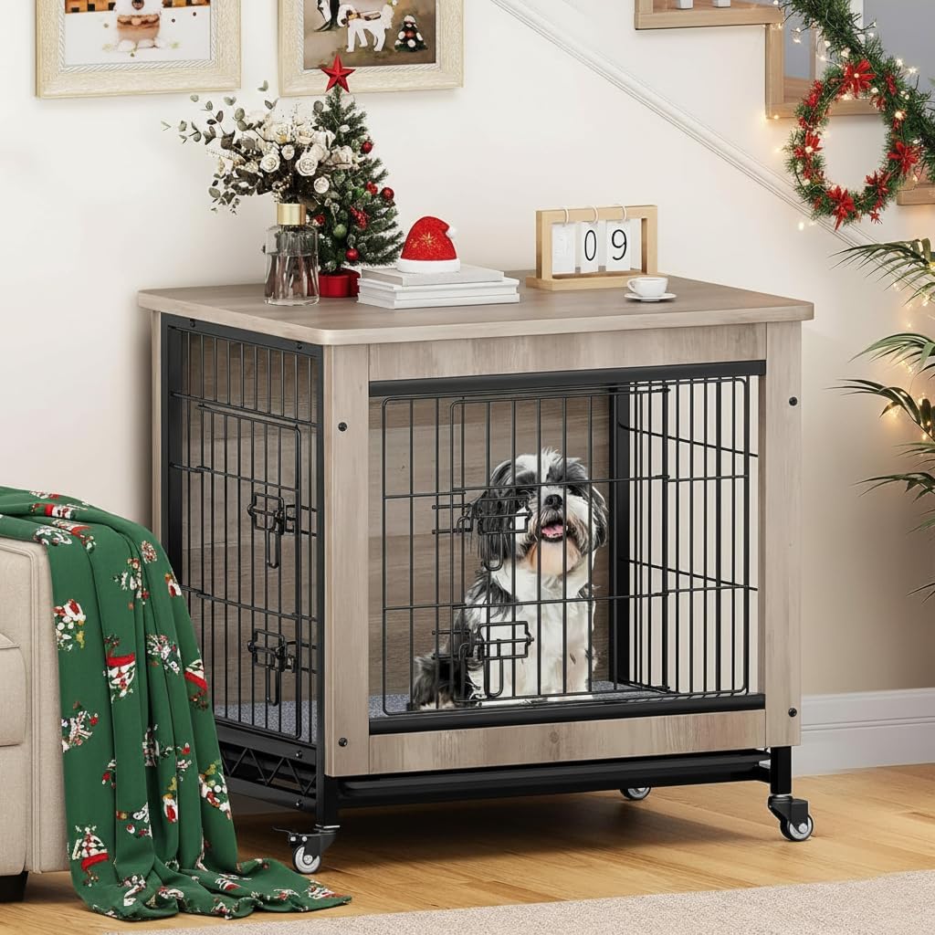 YITAHOME Dog Crate Furniture with Cushion, Dog Kennel Indoor with Wheels, Dogs Crate End Table with Tray, 27" Cage with Double Doors for Small Dogs (Gray)