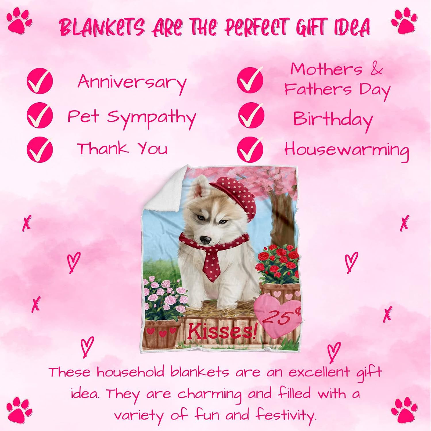 Rosie 25 Cent Kisses Siberian Husky Dog Blanket - Lightweight Soft Cozy and Durable Bed Blanket - Animal Theme Fuzzy Blanket for Sofa Couch BLNKT61786 (60x80 Fleece)
