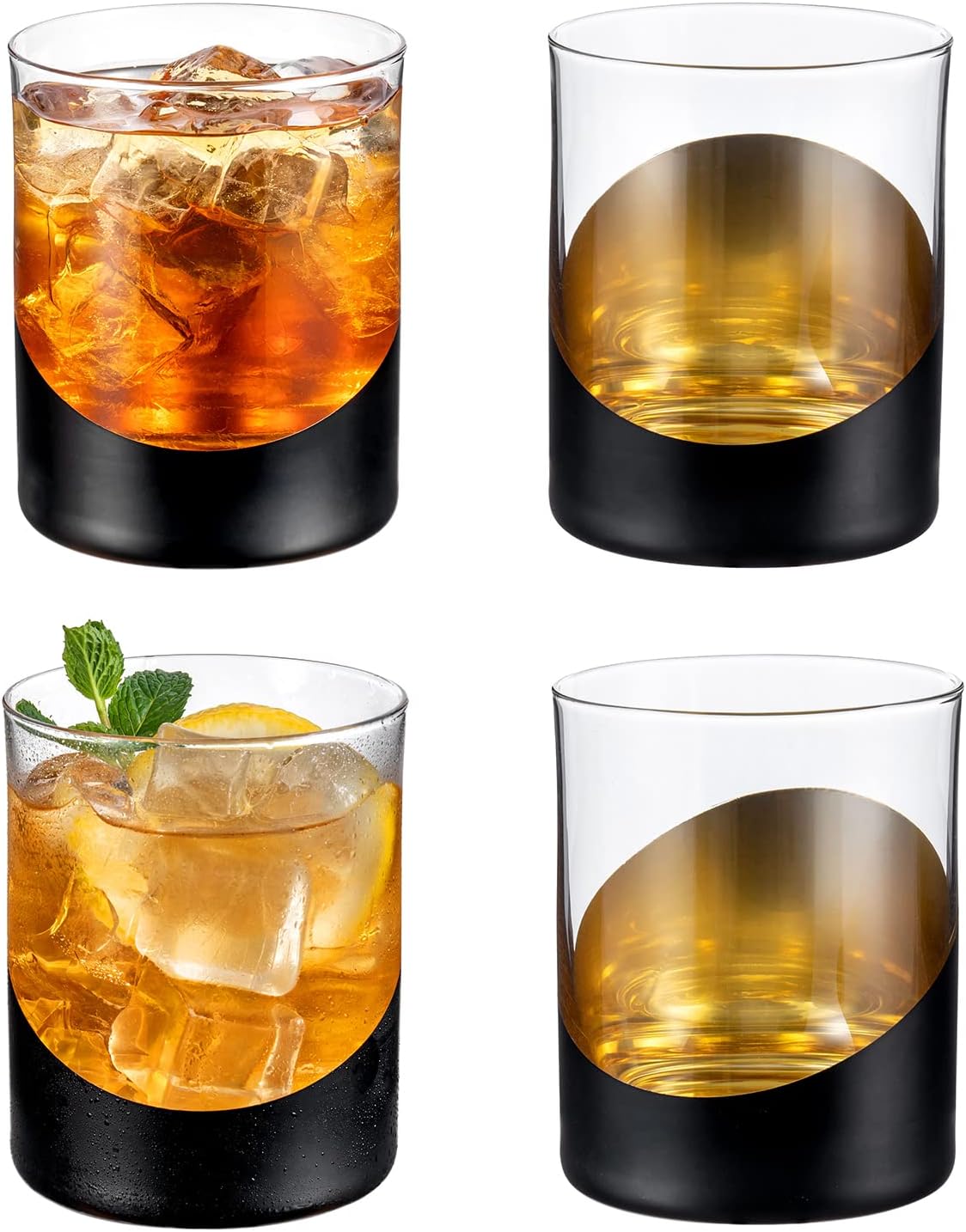 12 oz Set of 4 Matte Black Drinking Glasses with Metallic Gold Tone Interior Finish, Double Old Fashioned Cocktail Whiskey Rocks Wine Glass