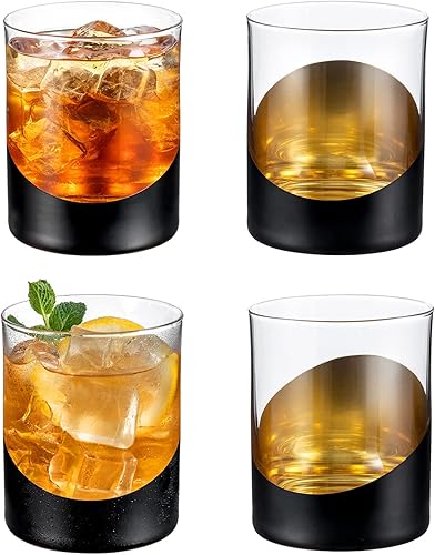 MyGift Vasos de cóctel modernos de 12 onzas en tono negro mate y dorado, juego de 4 vasos de cóctel de doble bola de whisky a la antigua