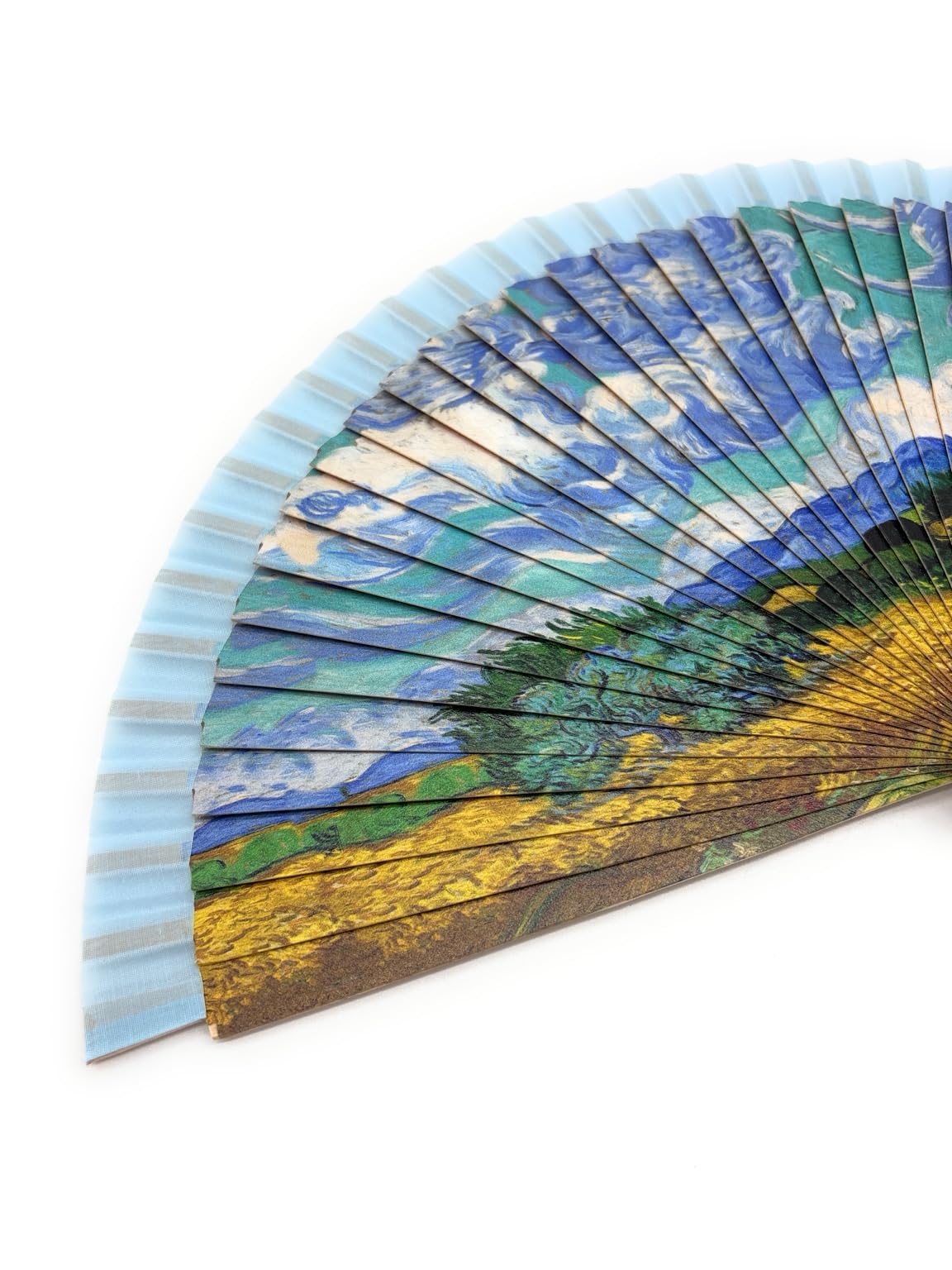 Genérico Ventaglio pieghevole con design artistico, ispirato ai dipinti classici, in legno naturale e tessuto, leggero, elegante e portatile (23 cm chiuso / 40 cm aperto) (turchese-verde)