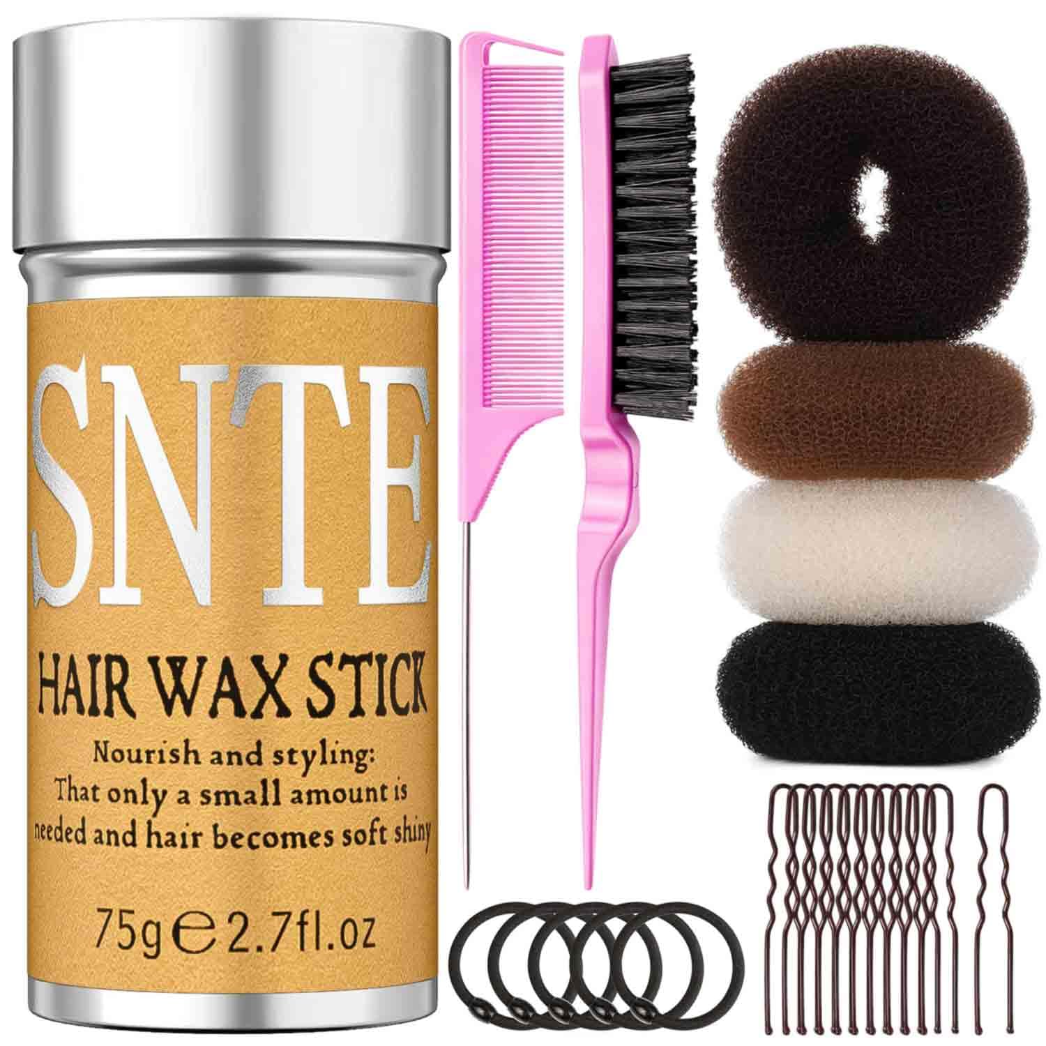 Hair Bun Maker for Kids, Girls & Women - Controls Frizz, Smooths Flyaways, Creates Buns & Updos - 4 Black Donut Sock Buns in Sizes, 1 Hair Wax Stick, 5 Elastic Bands, 10 Hairs Pins, 2 Style Brushes