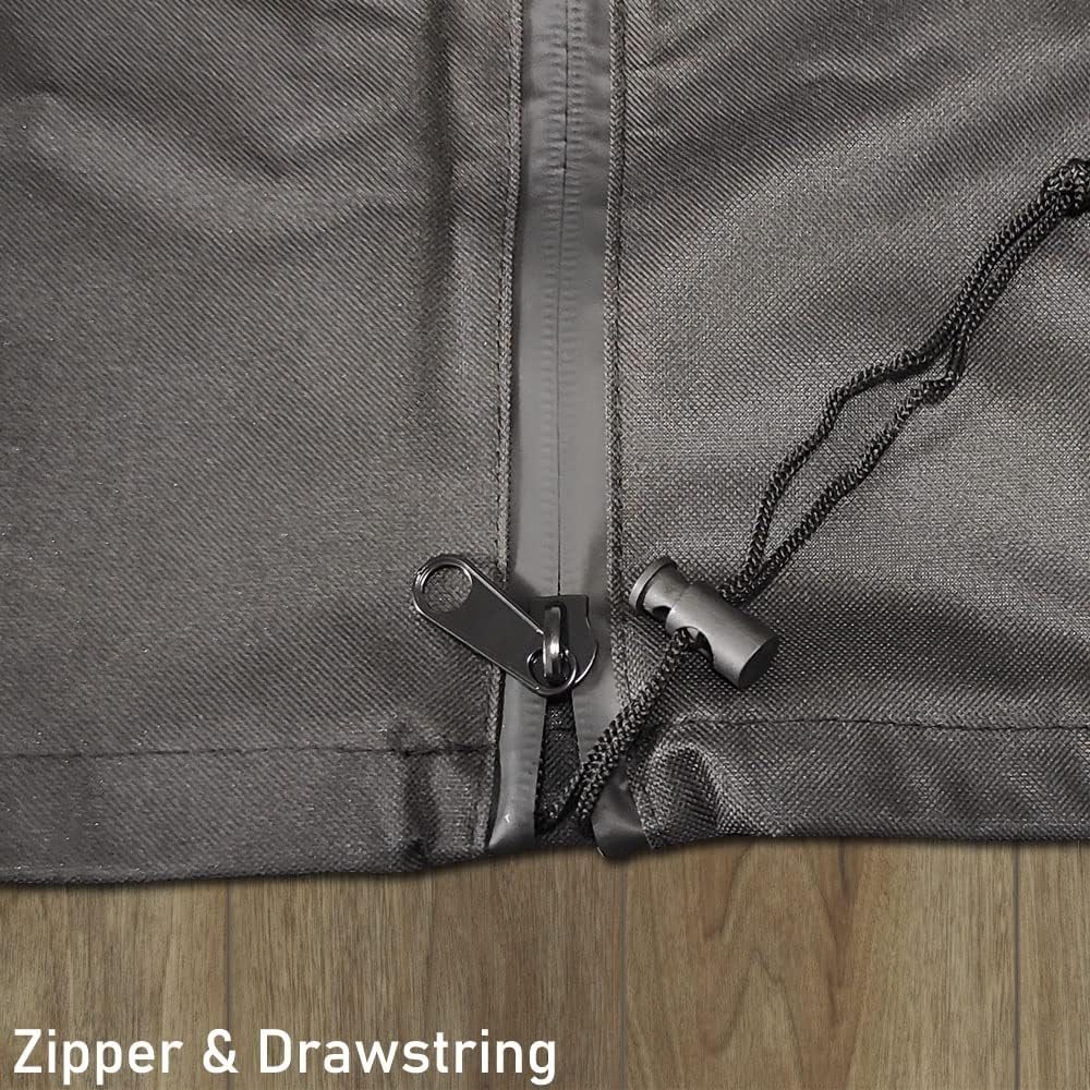 Close-up of the grill cover's waterproof zipper and adjustable drawstring