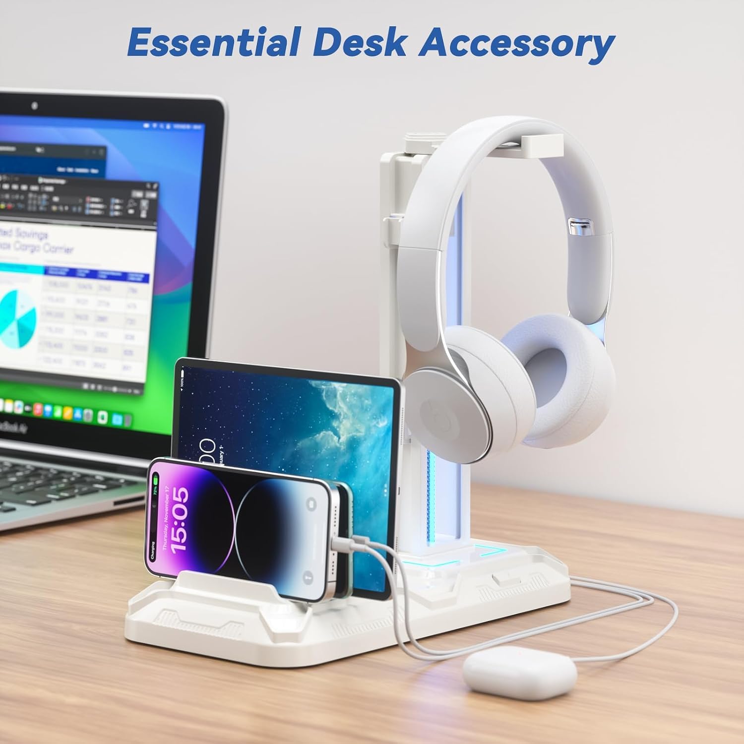 Headset-Ständer mit Ladestation, abnehmbarer Controller-Halter mit 9 Lichtmodi, drehbarer Kopfhörer-Aufhänger mit USB A & C Ladeanschlüssen, Kopfhörer-Haken für PC-Gaming-Zubehör, Aufbewahrung