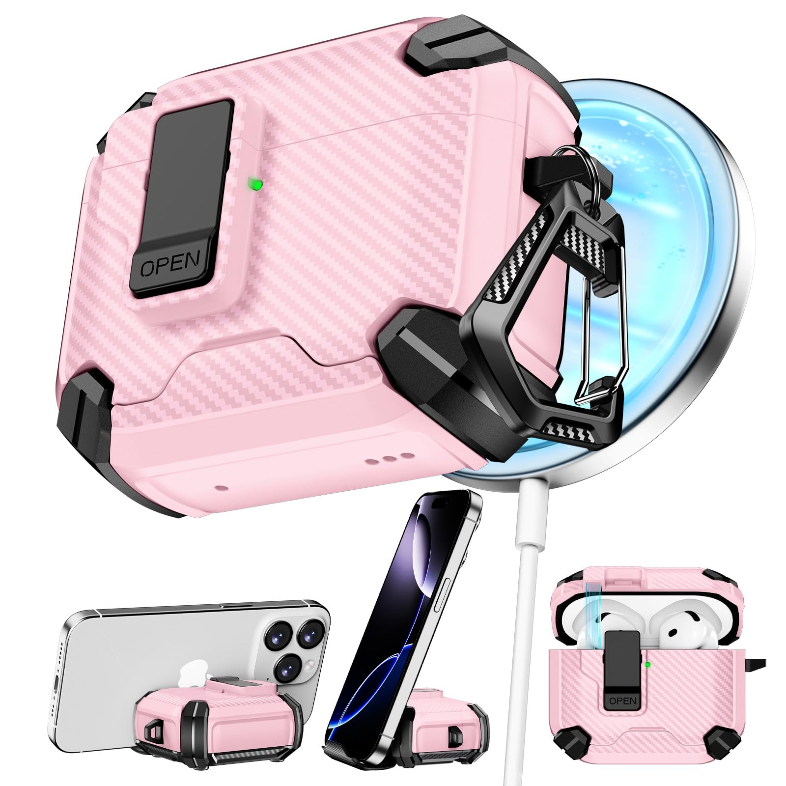 Pohgelan Compatible with AirPods 4 Case Carbon Fiber Texture(Pink)