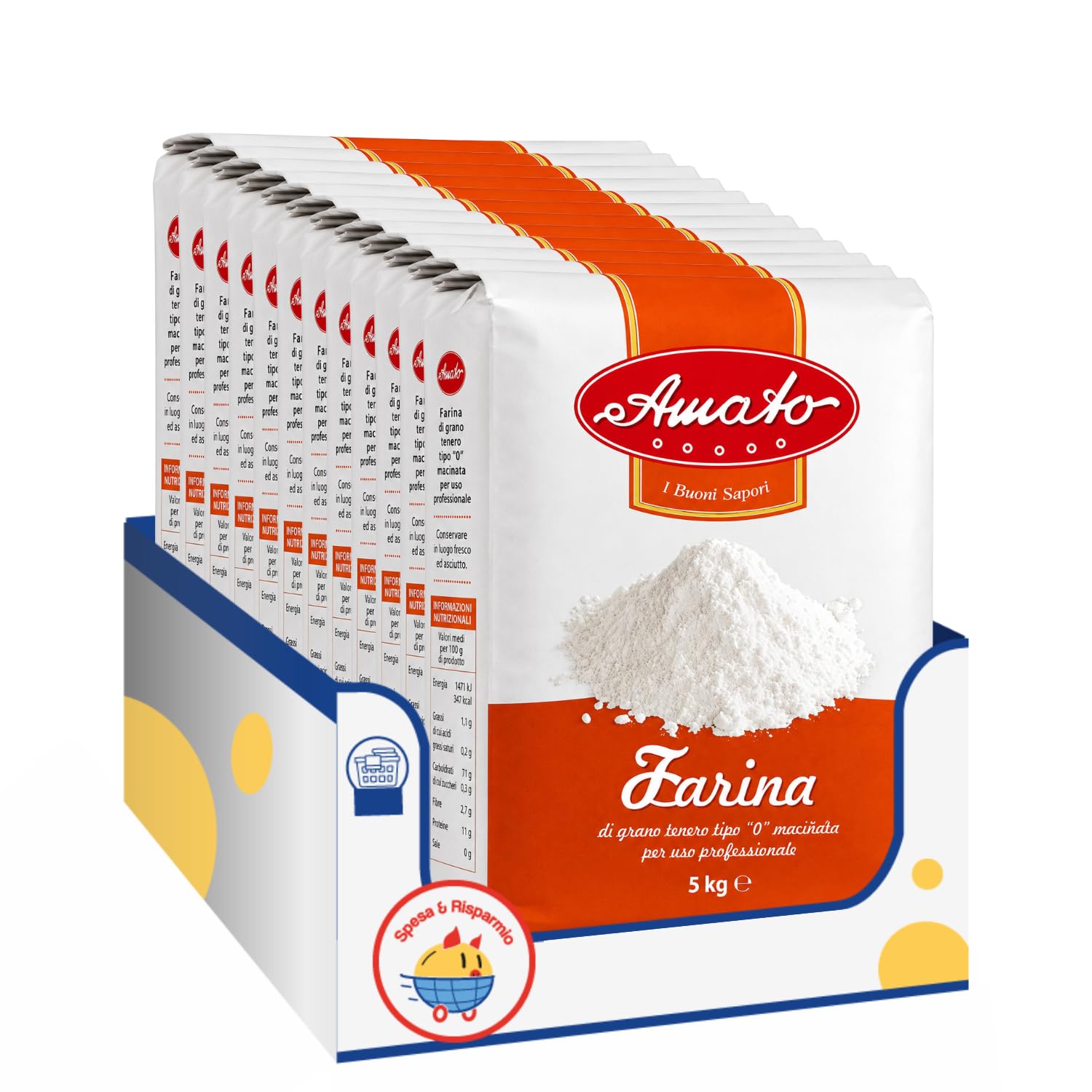 Amato Farina Manitoba Tipo 0 5 kg, Farina di Grano Tenero ad Alta Forza, Ideale per Pizza, Pane, Lievitati, Brioche e Dolci, Confezione Multipla da 4/8/12 Pezzi (8 PEZZI)