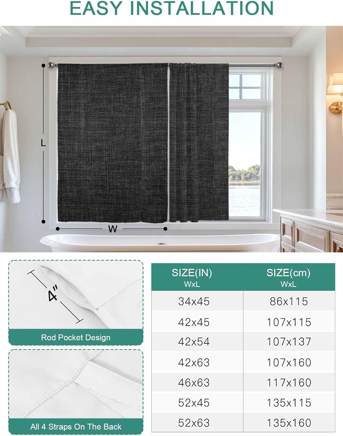 Tie Up Curtains,Black Linen Vintage Bottom Adjustable Rod Pocket Window Shade Curtain Drape Solid Farm Burlap Tie-Up Valance for Kitchen Bedroom Living Room Windows,34"x45"