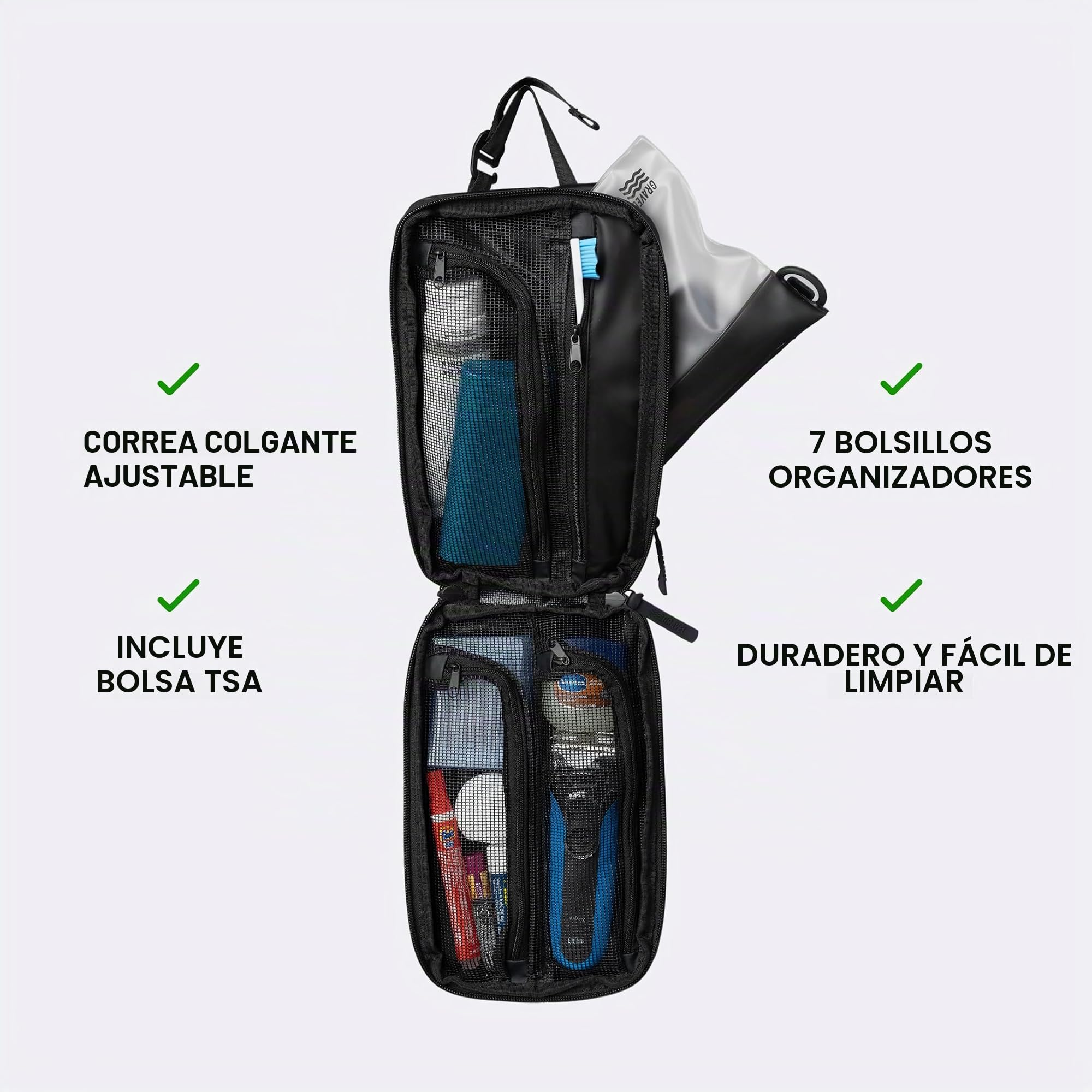 Gravel Explorer Plus - Neceser Colgante, Resistente al Agua, con Botellas de Viaje aprobadas por la TSA