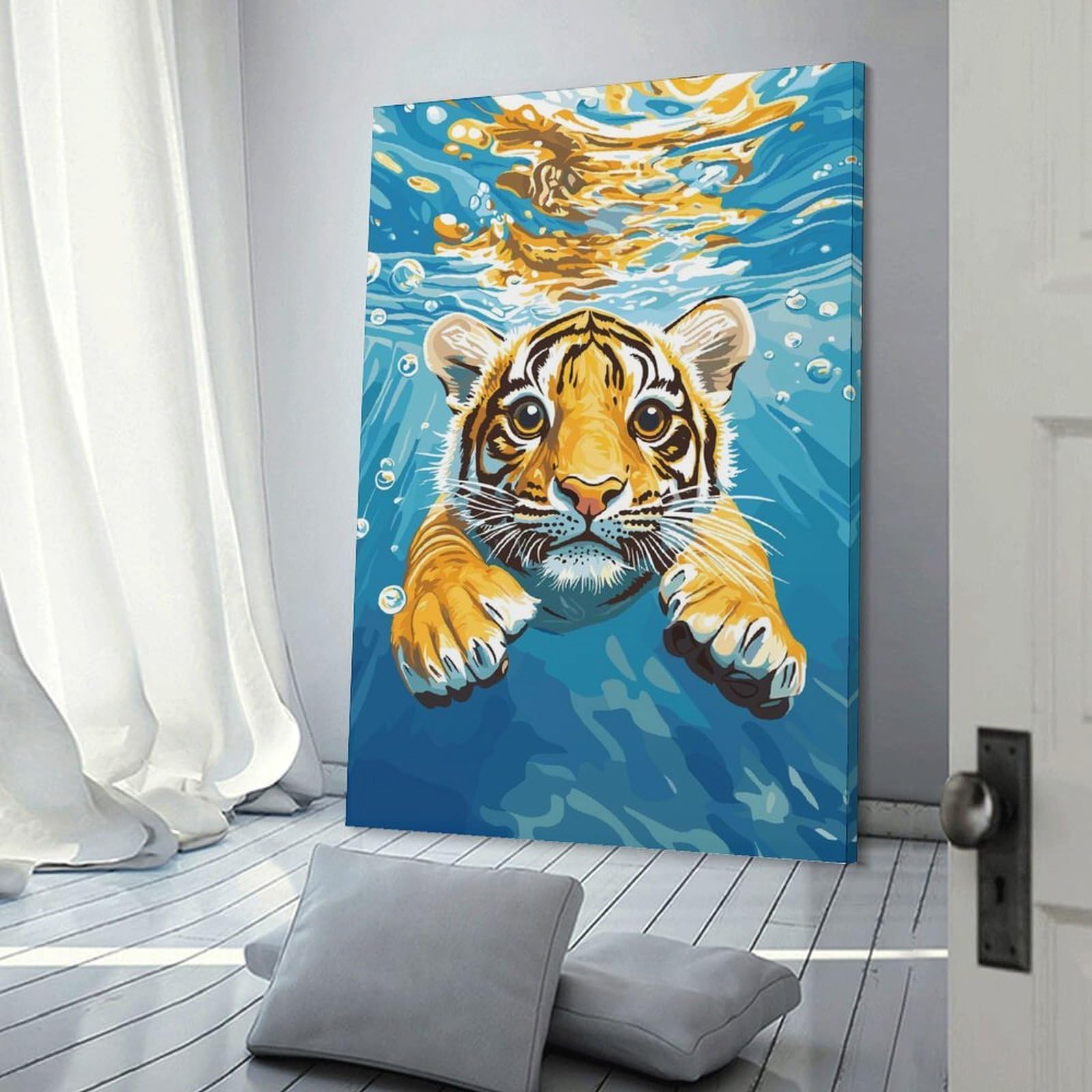 Junmoney Wall Art Print Tiger Cub Swimming Underwater, 24x36inch(60x90cm), for Picture Wall Styling in Lounge Or Bedroom, Wall Decor Suited to Curated Displays