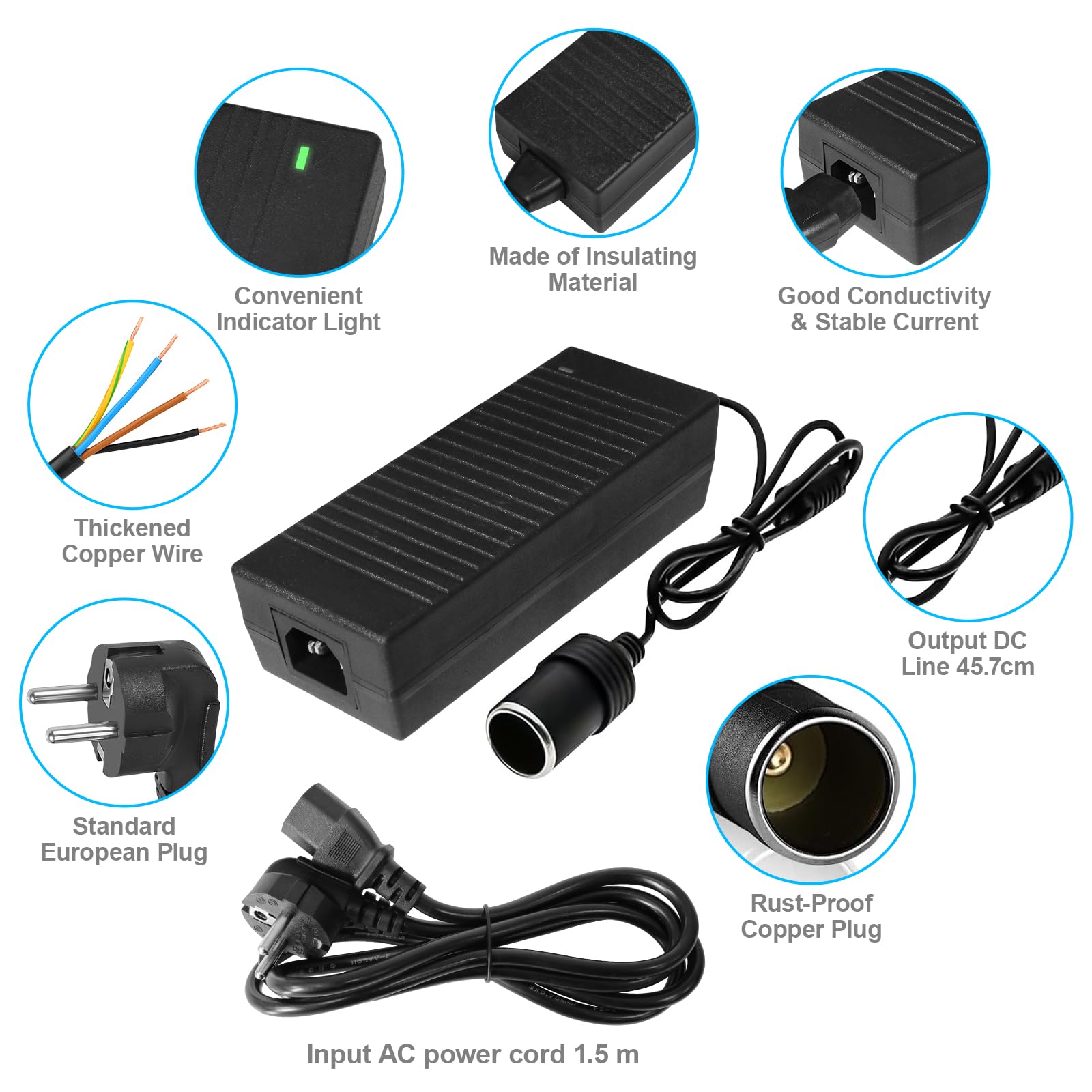 Transformateur 220V Vers 12V 15A – Adaptateur Allume-cigare Secteur 180W – Pour Gonfleur, Aspirateur Voiture, Ventilateur…