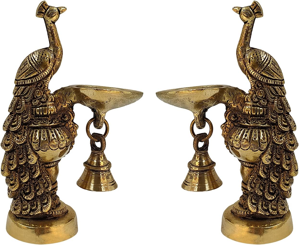 Kartique Brass Peacock Decorative Diya with Traditional Bell Antique Deepak Design Table Decor with Stand for Home Diwali Gift Temple Pooja Gold Color Height 6.5 Inch Set of Two