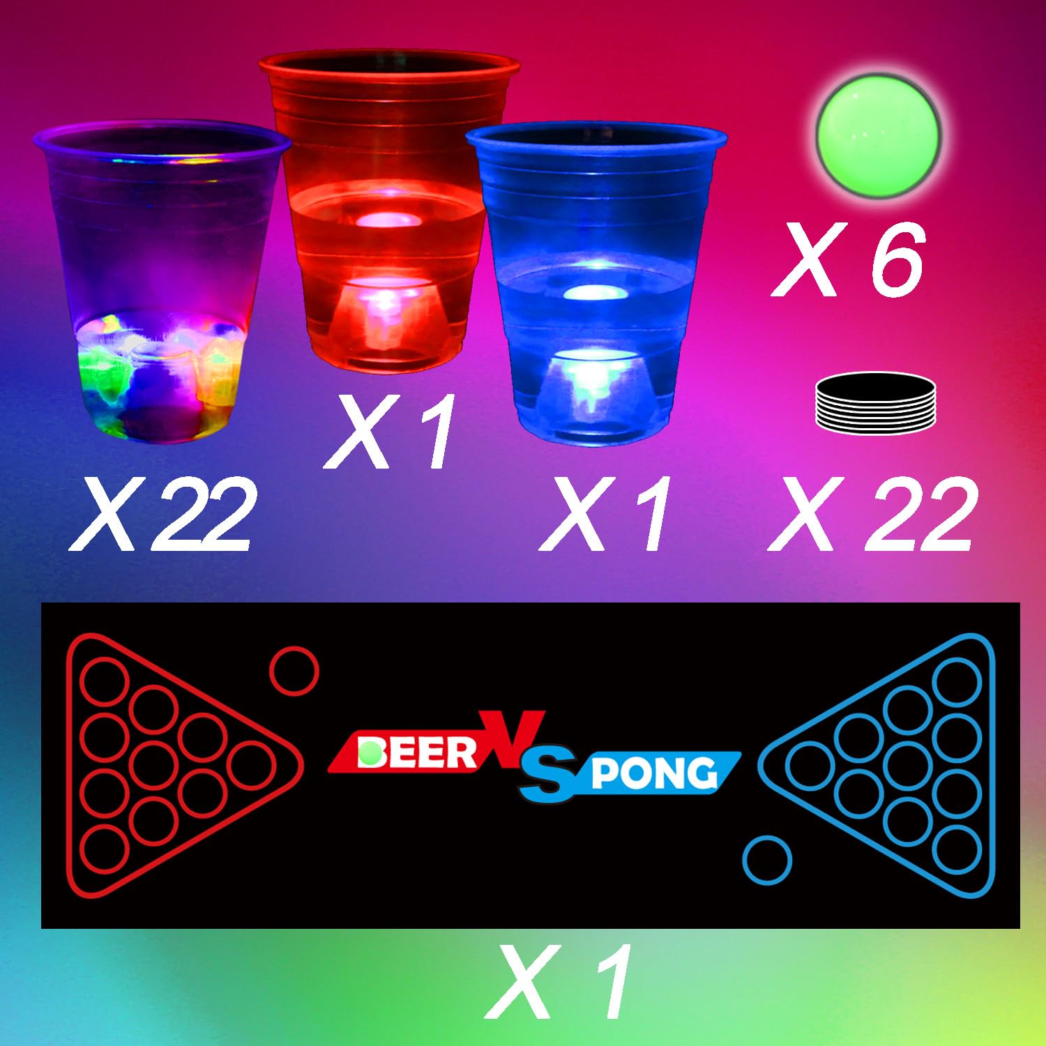 YHFUISK - Juego de alfombrillas de mesa brillantes para fiestas, juegos de pong, para interiores y exteriores, fiestas, eventos, diversión, paquete con tazas intermitentes para fiestas en casa 2