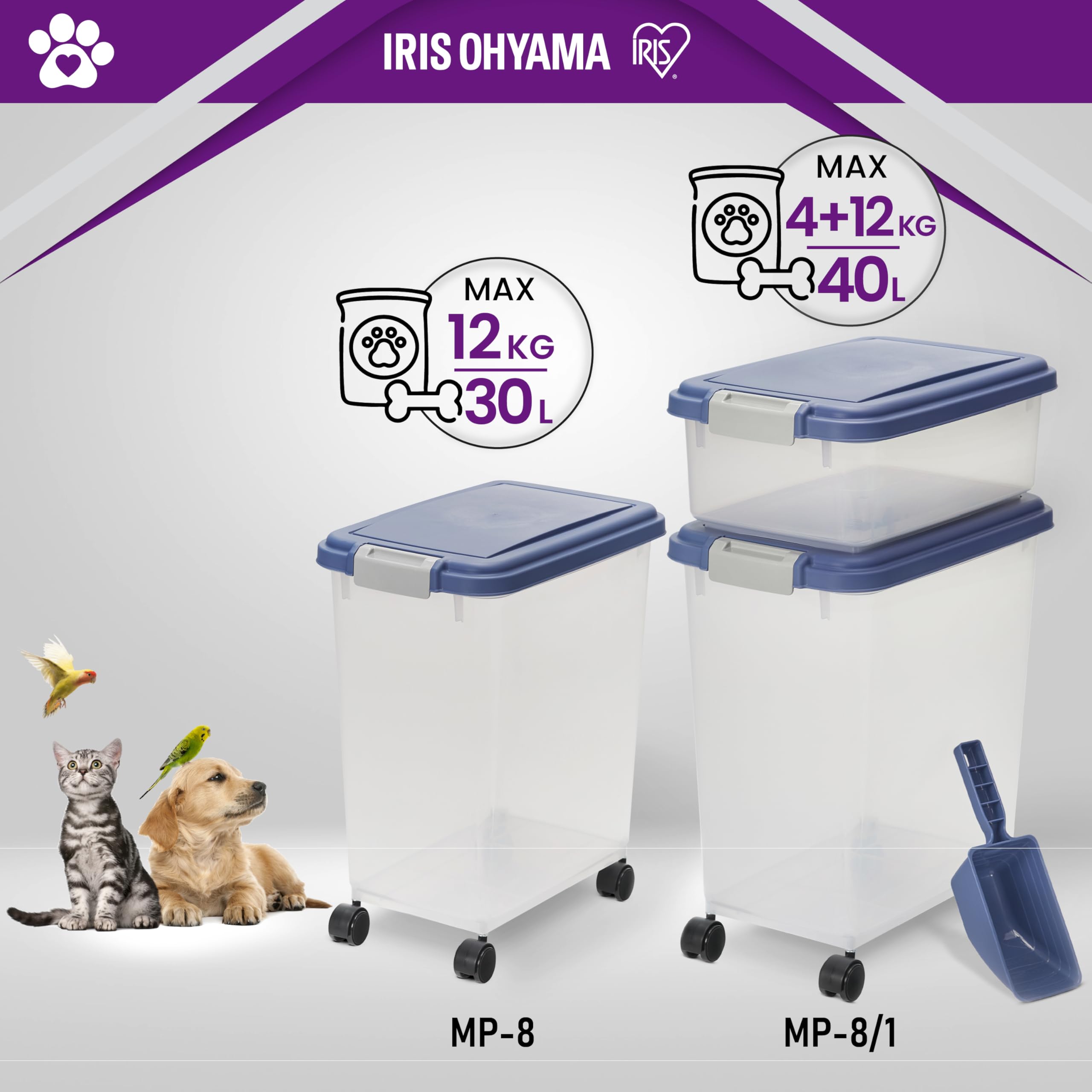 Iris Ohyama Hundefutter Aufbewahrung mit Rollen, 30L/11kg, Graublau, Luftdichte Futterbox, Trockenfutter, Futterbehälter, Für Hunde, Katzen, Tierfutterbehälter, BPA-frei, Futtertonne, MP-8