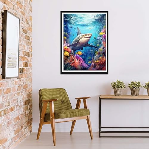 Miniatura 2 de Rovepic - Kit de pintura de diamante 5D redondo de tiburón, taladro completo, pintura de bricolaje con diamantes, arte submarino, diamantes de
