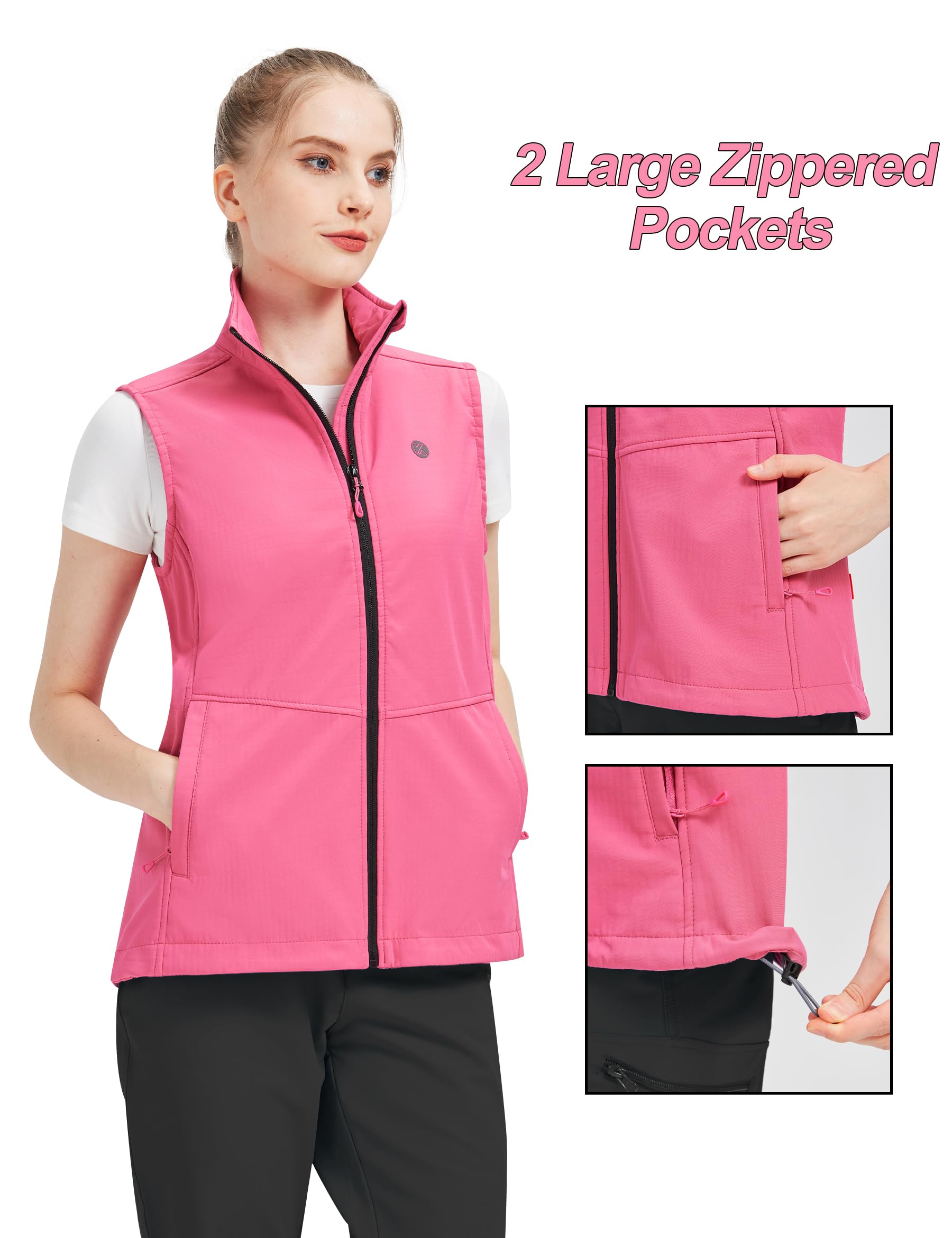 KUTOOK Damen Softshell Weste Leicht Ärmellos 4 Taschen Stehkragen Winddicht Warm Fleeceweste für Laufen Hundesport Golf Wandern Camping HC205