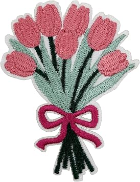 Tulip Bouquet Iron On Patch, Embroidered Floral Applique for Jackets, Backpacks, Hats, Jeans and Tote Bags, Cute Pink Flower Sew On Patch for DIY Clothing and Accessories