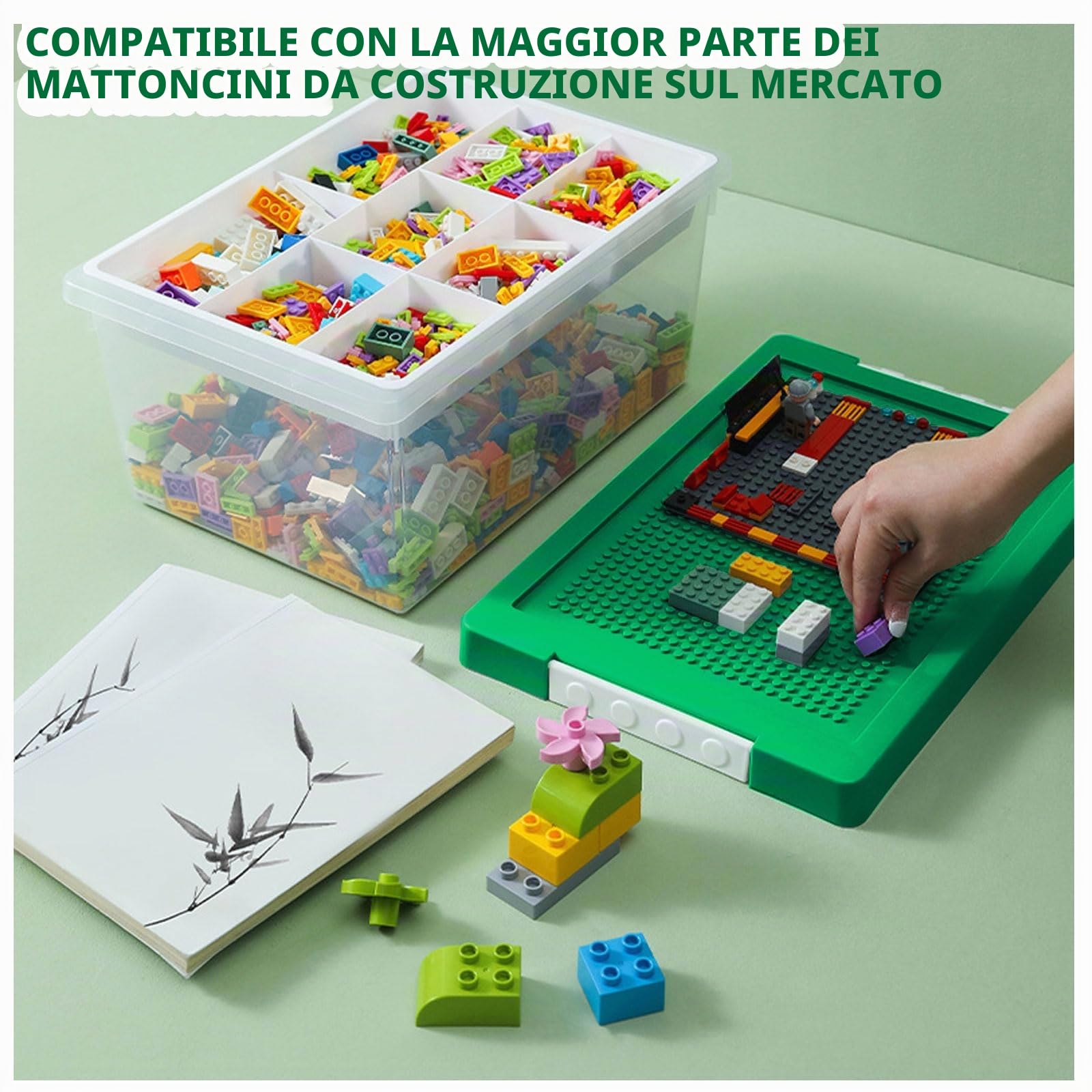 Greentainer Set di 3 contenitori portaoggetti in plastica impilabili con vassoio rimovibile, contenitori per giocattoli per bambini con coperchio per piastra di base, contenitore per mattoni da