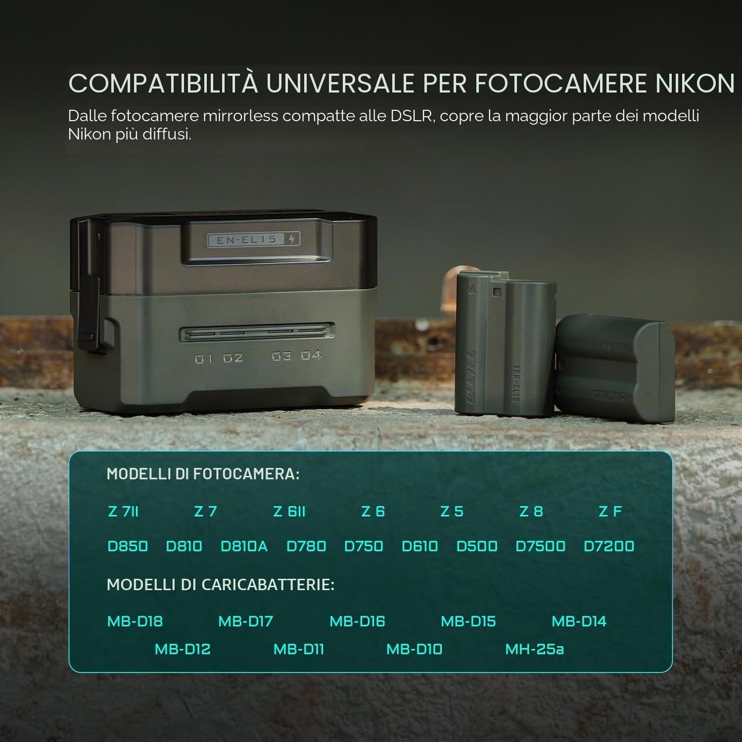 Set di batterie e caricabatterie EN-EL15C, 2 batterie da 2400 mAh e caricabatterie rapido USB-C PD 45W a quattro canali, compatibile con Nikon Z8, Z7, Z6, D850, D810, D750, D610, D500, TBC-EL15C-A-GN