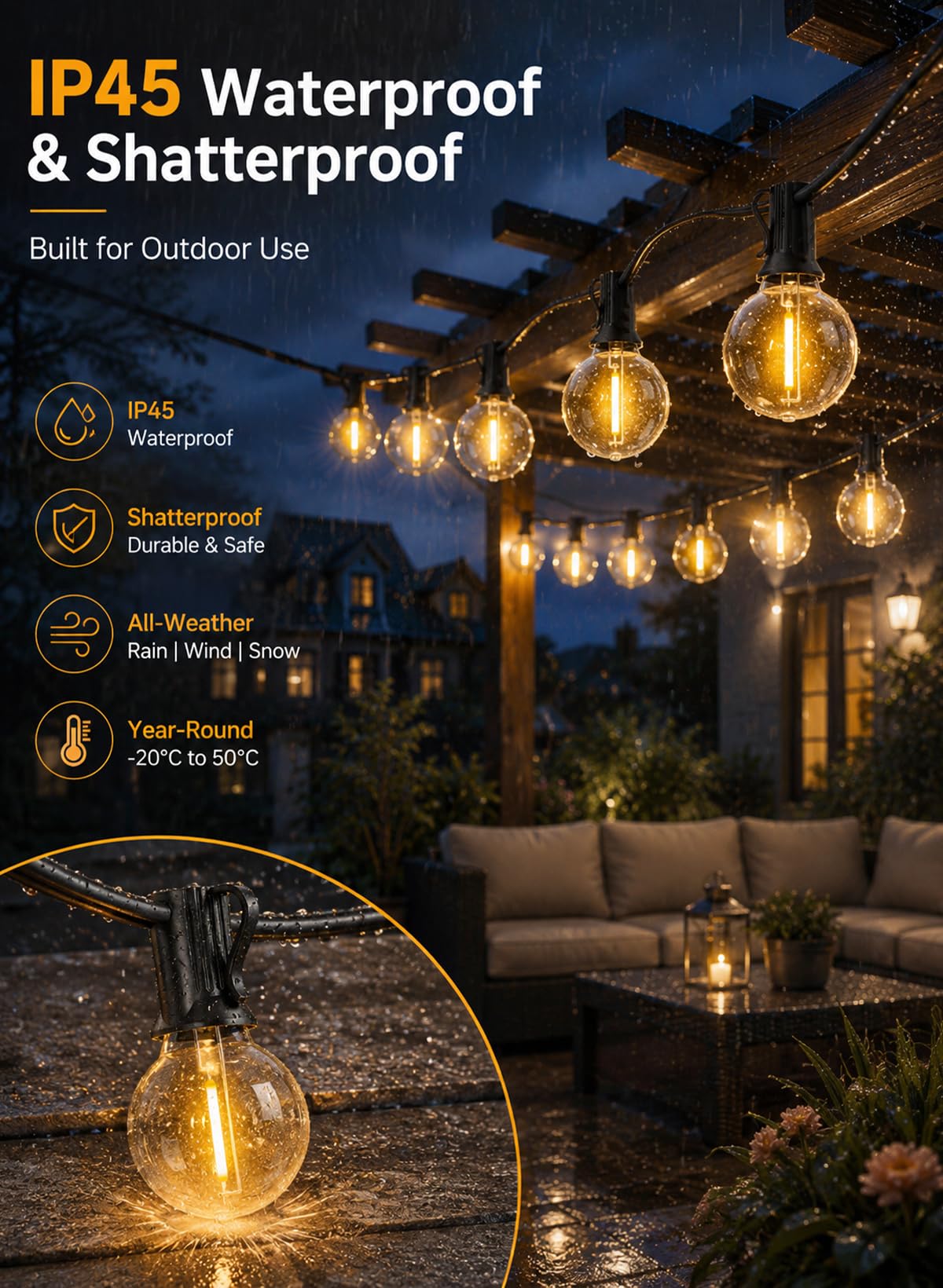 Outdoor Lichterkette Außen 45M, LED Glühbirnen Aussen Mit 75+2 G40 PlastikBirnen, Wasserdicht IP44 Hängende lichterketten Strom für Garten, Terrasse, Party Deko, Café 2700K Warmweiß