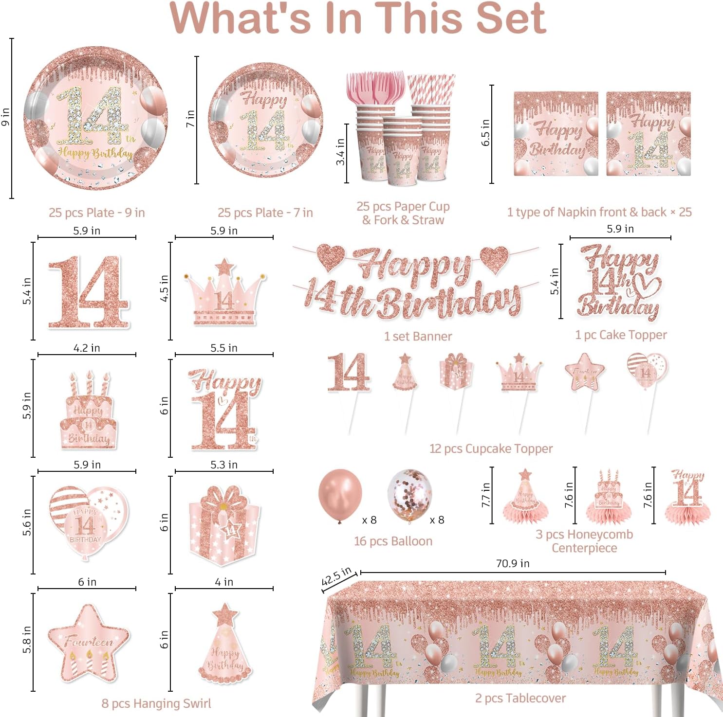 193pcs 14th Birthday Decorations for Girls Complete Tableware Set, 14 Birthday Decorations for Girls, for 25 Guests, Rose Gold 14-year-old Party Supplies, Includes Plates, Banner