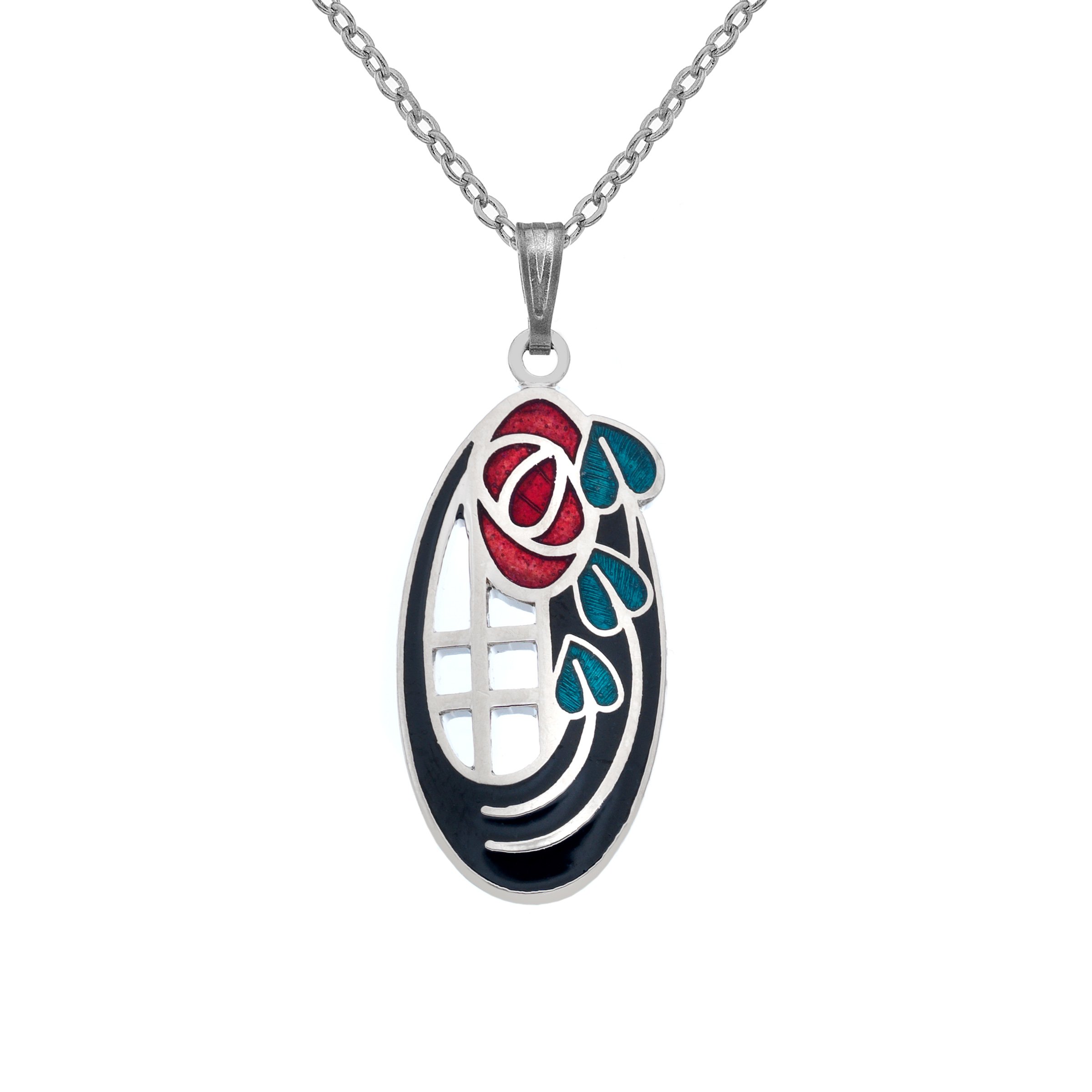 Sea Gems Rennie Mackintosh Fine Enamel Roses & Leaves Oval Necklace - 7318