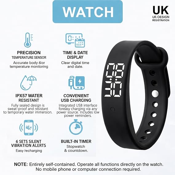 Silent Vibrating Alarm Wristband,Waterproof Wrist Vibrating Alarm Reminder Watch Temperature Measurement 3 Times per Day with up to 10 Alarms Reminder for Deep Sleepers Hearing Impaired Deaf (Black)