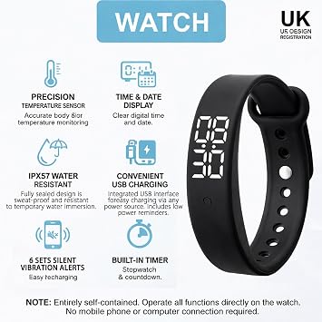 Silent Vibrating Alarm Wristband,Waterproof Wrist Vibrating Alarm Reminder Watch Temperature Measurement 3 Times per Day with up to 10 Alarms Reminder for Deep Sleepers Hearing Impaired Deaf (Black)