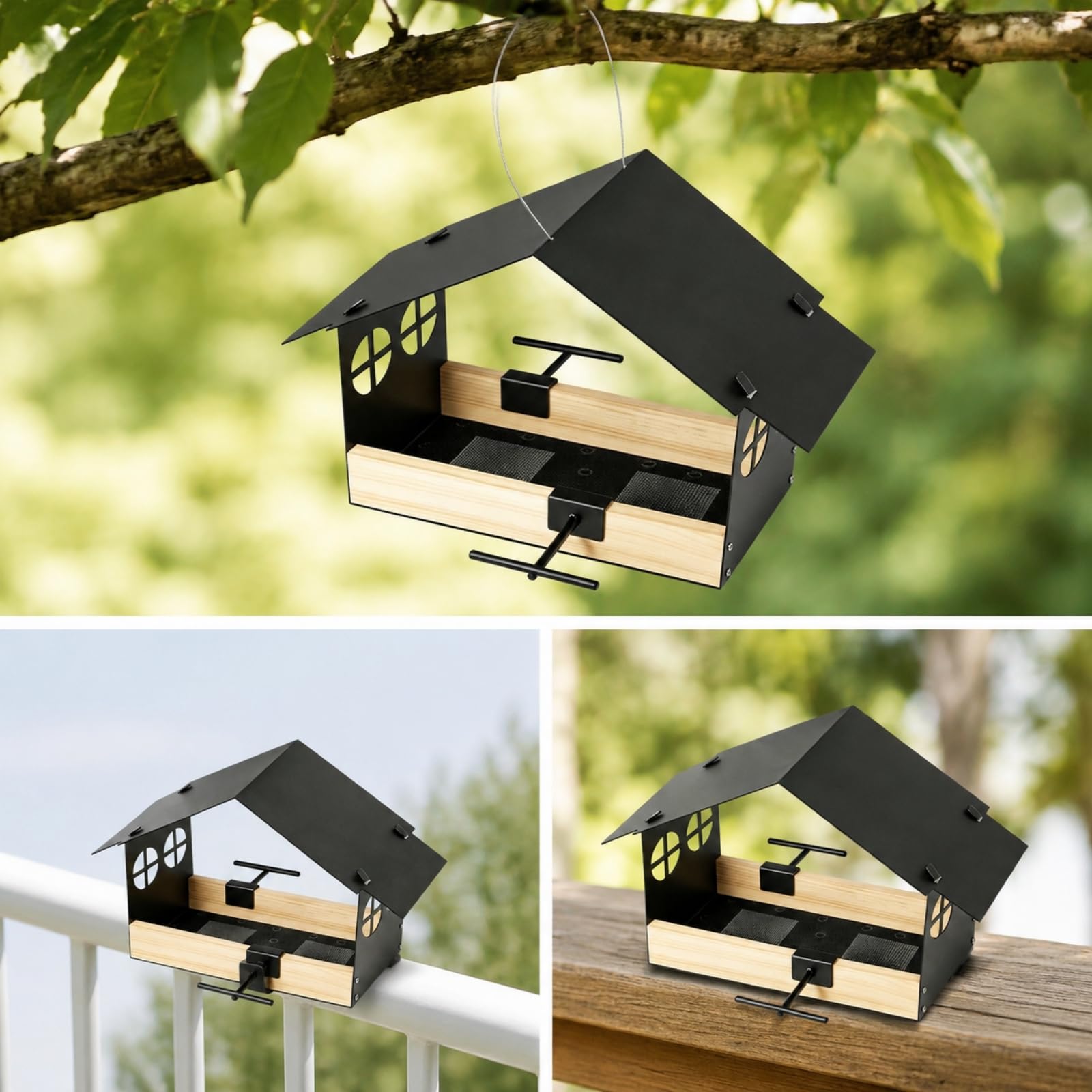 Mangiatoia a Forma di Casetta Sospesa Mangiatoia con Tetto a Spiovente Resistente Pioggia Accessorio da Giardino per Balcone, Nero