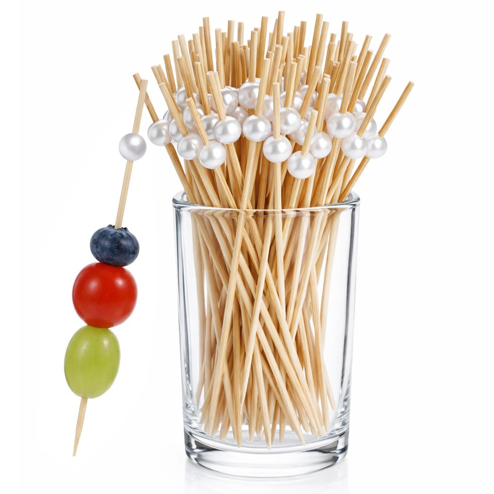 200 Pcs Cocktail Picks, 4.7 Inch White Pearl Fancy Toothpicks, Bamboo Skewers Wood Cocktail Sticks for Appetizers, Charcuterie Boards, Drinks, Fruit, Wedding, Party Decor