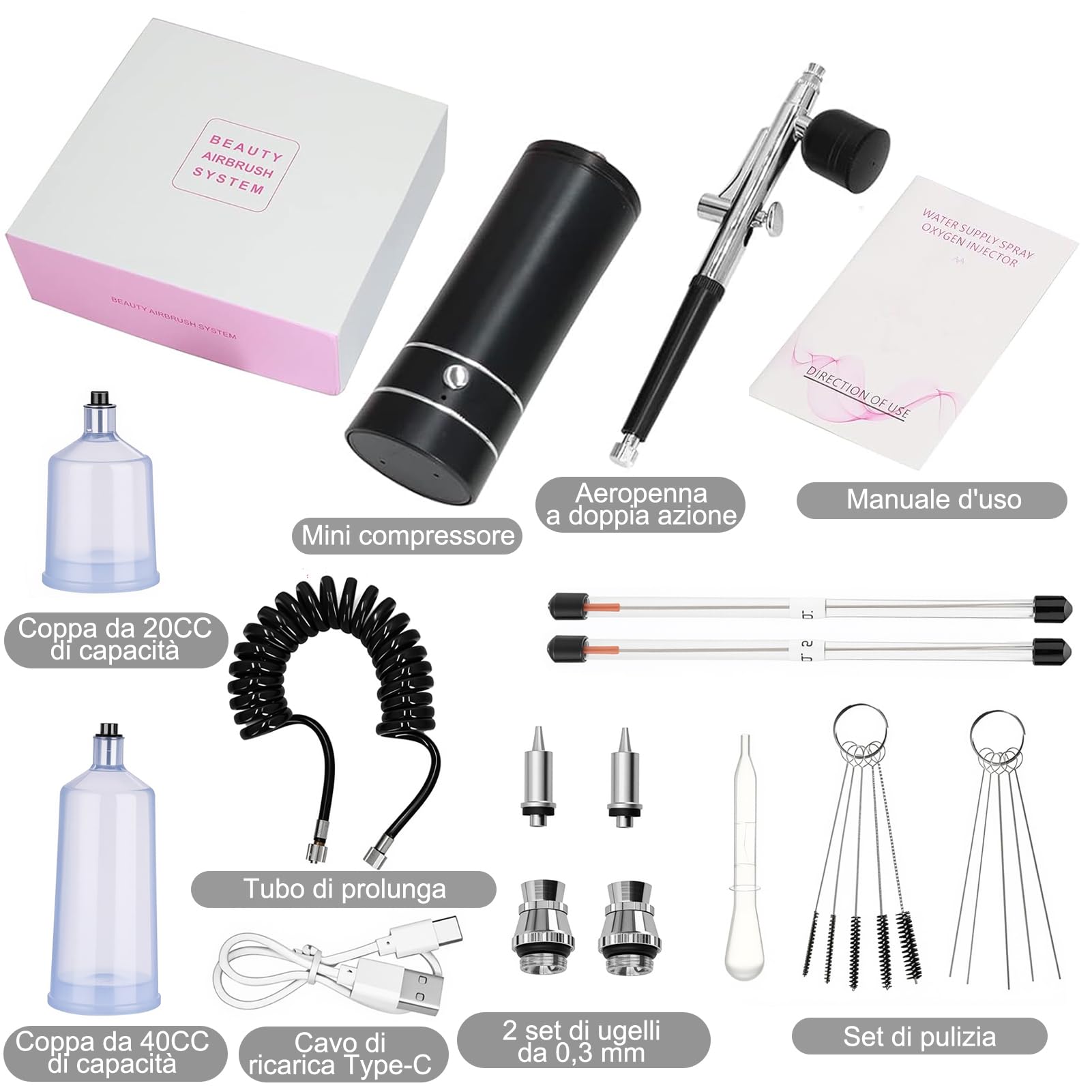 Set aerografo portatile con compressore, Plus | Pistola aerografo ricaricabile da 950 mAh, per nail art, decorazione di torte, trucco, tatuaggi, modellismo