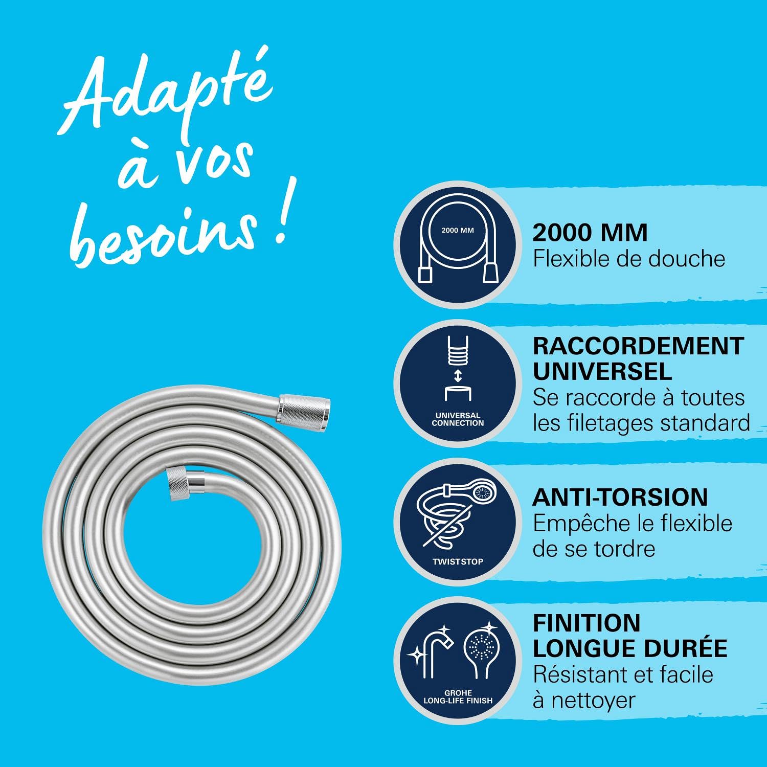 GROHE Flexible tuyau de douche salle de bains VitalioFlex Silver, tuyau de douche 2000mm, anti-pliures, finition brillante, raccord fileté universel 1/2", chromé, 27507001 (Import Allemagne)