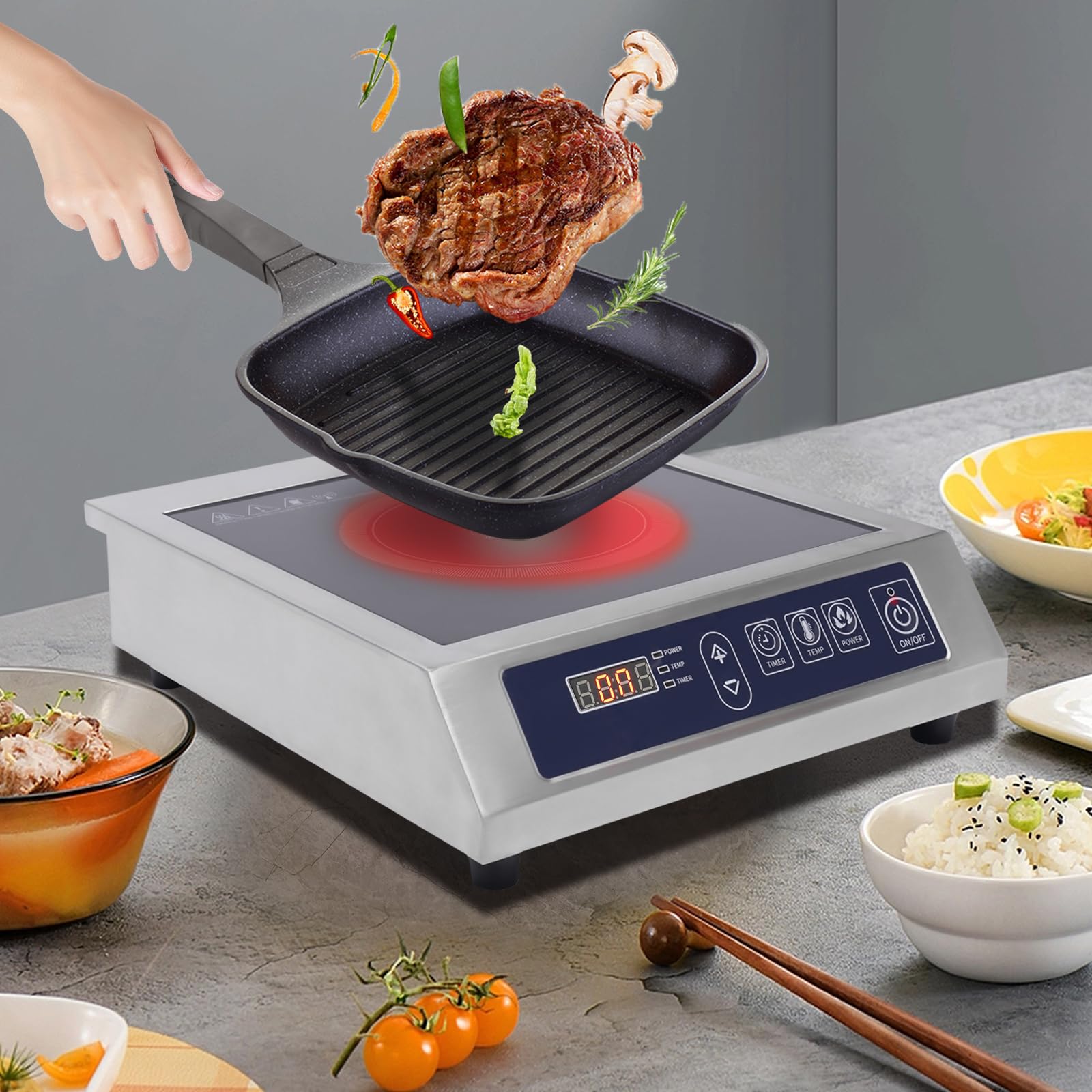 Placa de inducción de 3500 W, placa de inducción individual, placa de inducción, encimera con engranaje de 10 temperaturas, placa de cocina profesional de acero inoxidable con control táctil