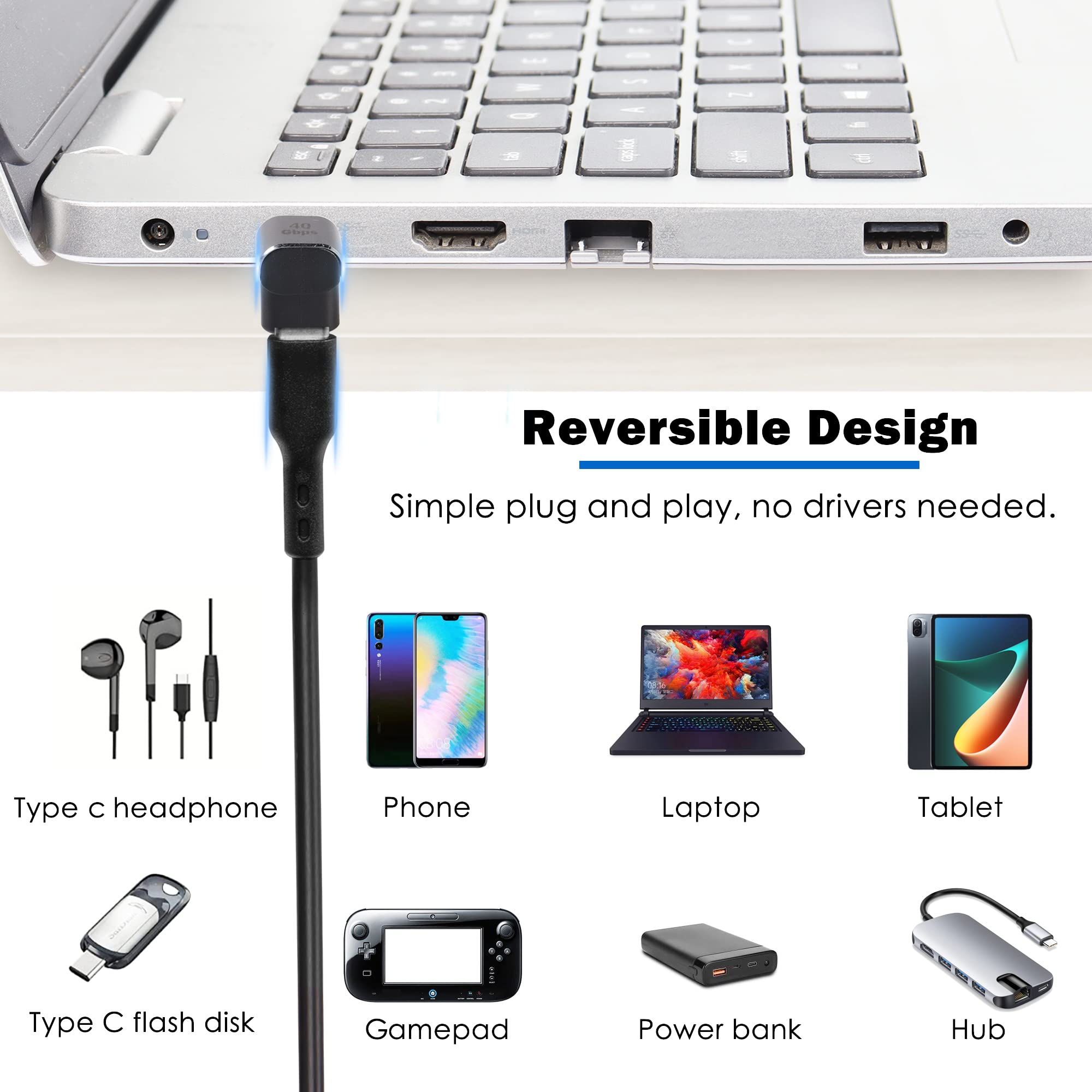 HENGBIRD Adattatore USB-C 90° Femmina A Maschio 2 Pezzi - USB 4.0 40Gbps, Ricarica 100W, Trasferimento Dati E Video 8K - Connettore Angolare In Alluminio - 2