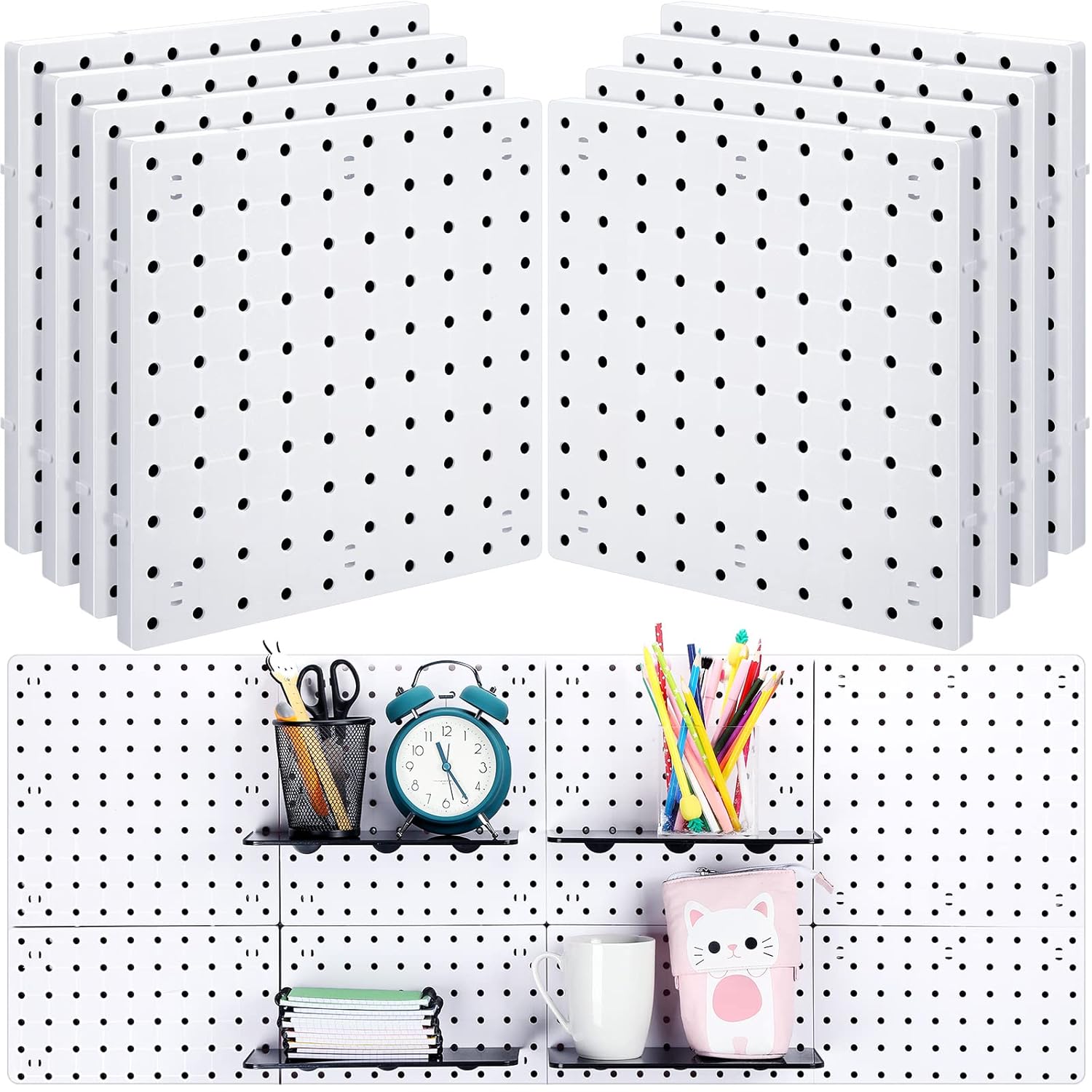 Nuanchu 8 Pack No Drill Pegboard Panels, 10x10 Inch White ABS Plastic Pegboard Wall Mount Organizer Kit for Garage Kitchen Office Living Room, Self Adhesive, 11lb Weight Capacity(White)
